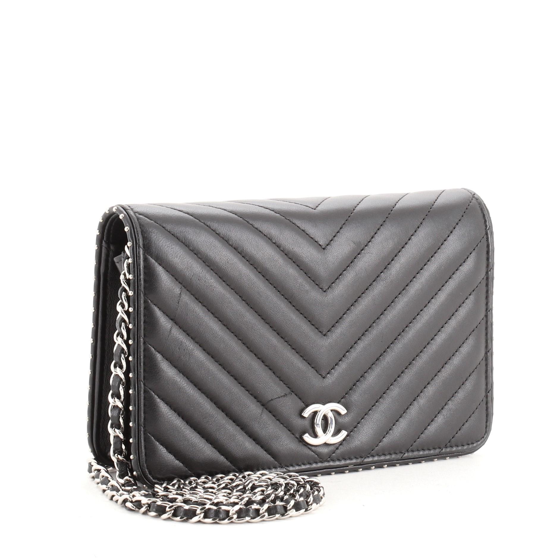 Black Chanel Wallet on Chain Chevron Lambskin with Studded Detail
