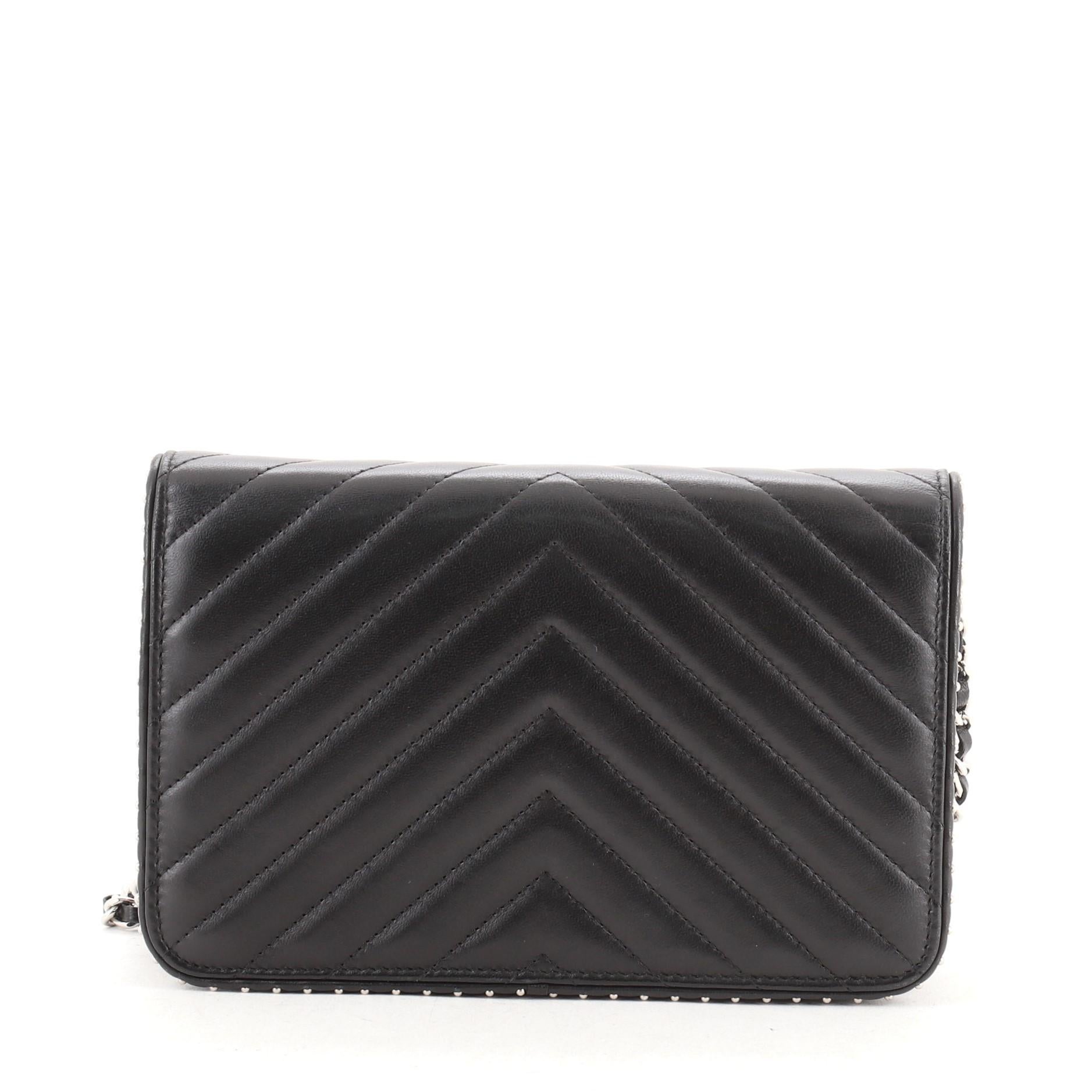 Chanel Wallet on Chain Chevron Lambskin with Studded Detail In Good Condition In NY, NY