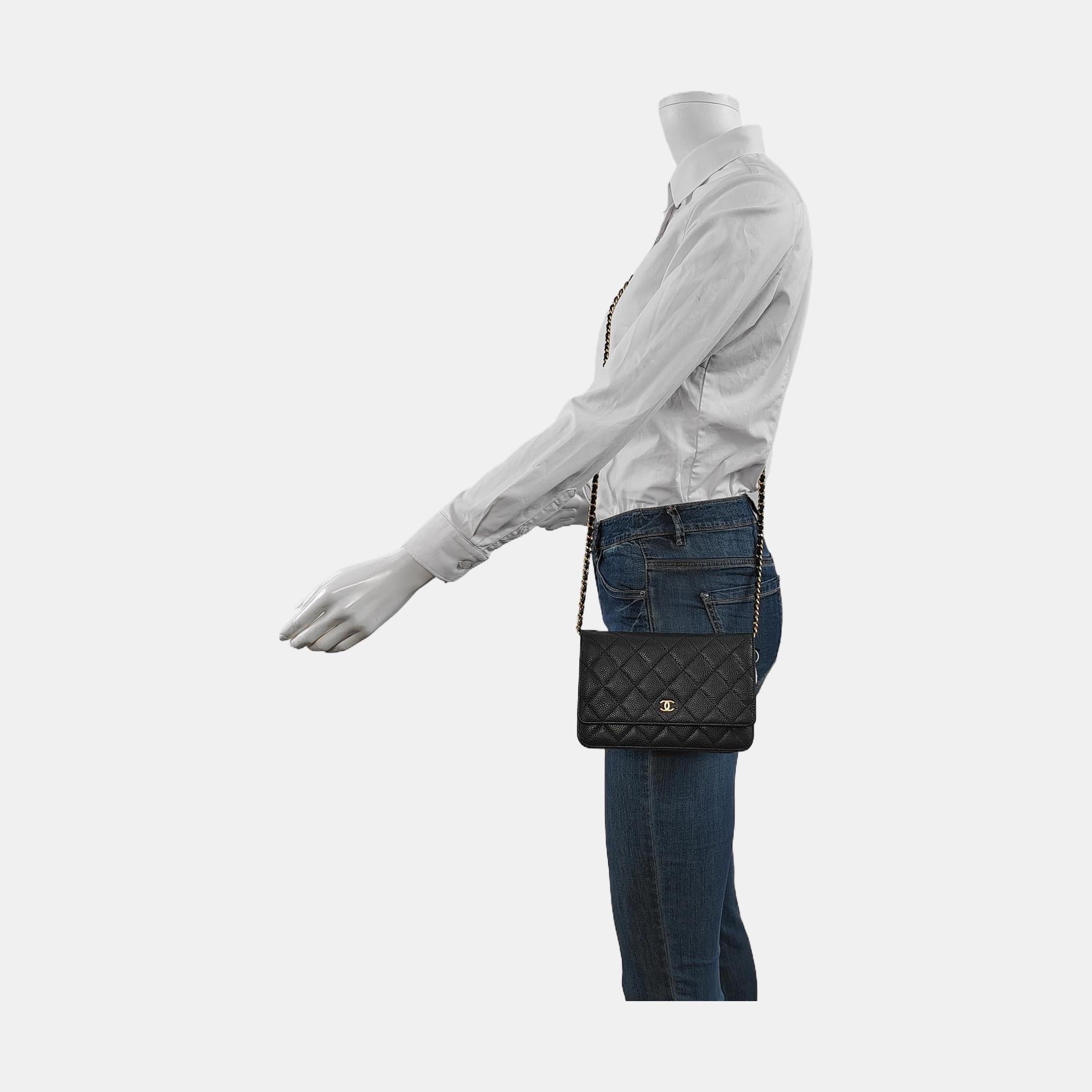 Perfect for any occasion, the Chanel Wallet on Chain WOC is crafted from leather in black color with silver-ton hardware. It features a timeless, classic design that is sure to stay forever in style. With a bottom width of 19cm, this wallet is