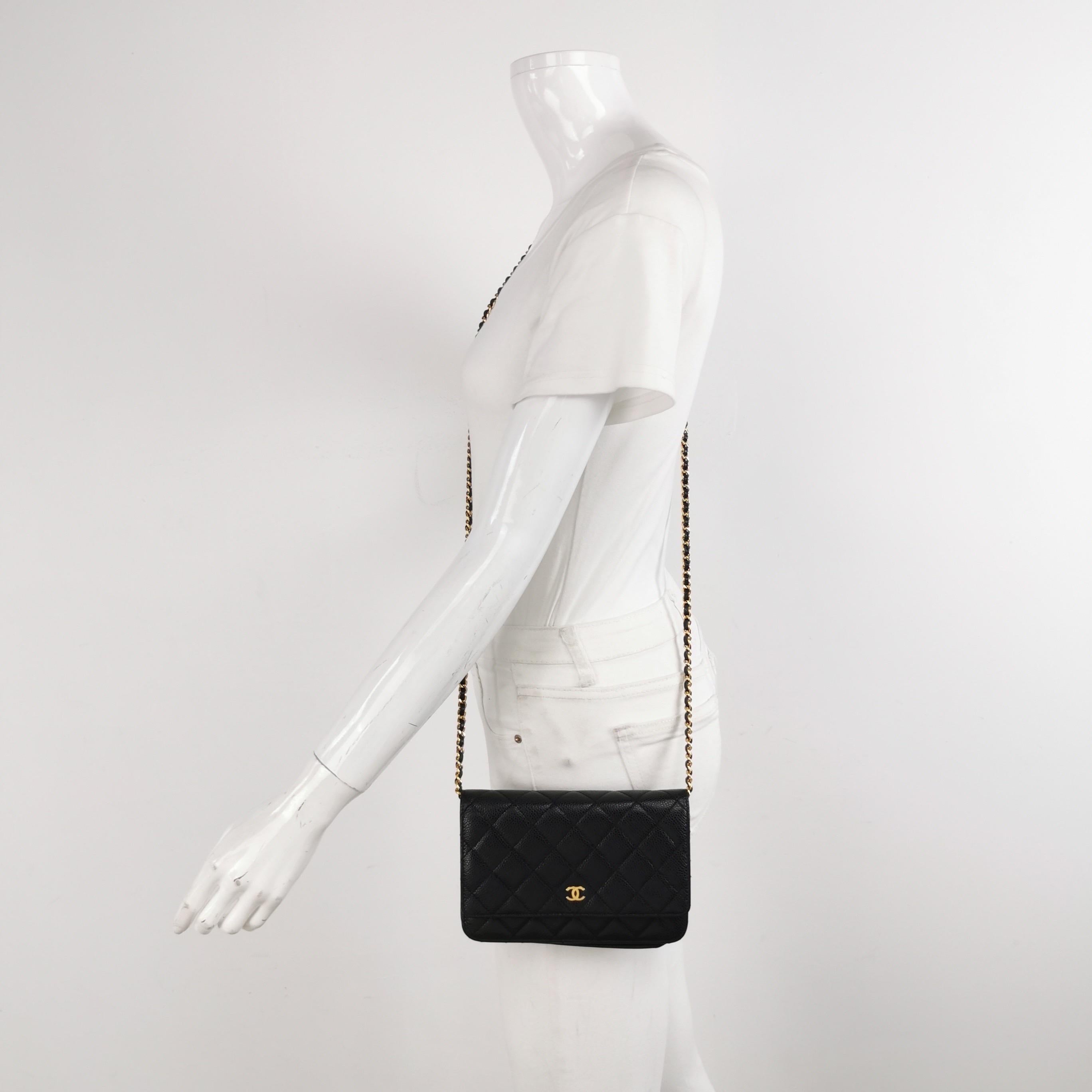 Perfect for any occasion, the Chanel Wallet on Chain WOC is crafted from leather in black color with silver-ton hardware. It features a timeless, classic design that is sure to stay forever in style. With a bottom width of 19cm, this wallet is