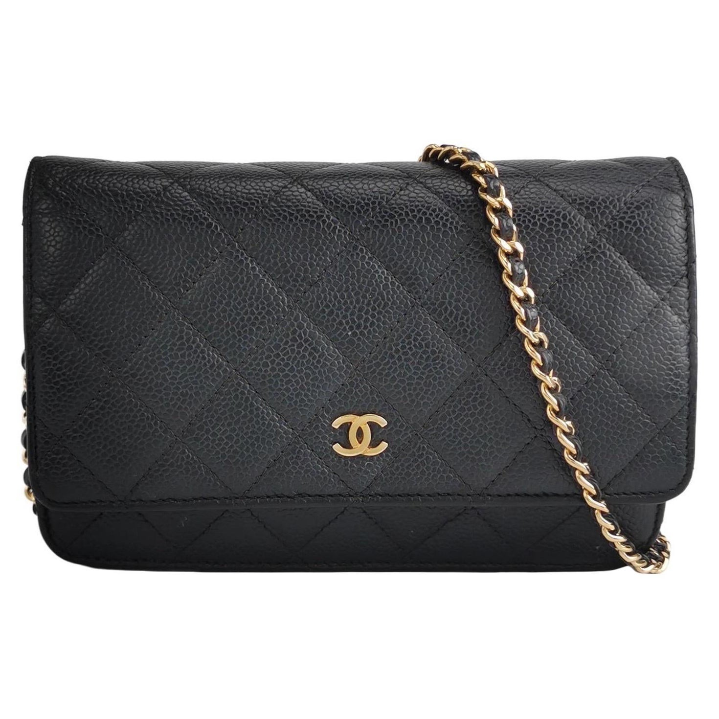 Portafoglio Chanel a catena Classic Flap Nero Caviale Pelle Hardware Oro 2018-19