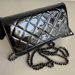 Chanel Wallet on Chain Classic Flap Black Patent Leather Silver Hardware