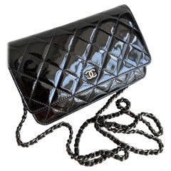 Chanel Wallet on Chain Classic Flap Black Patent Leather Silver Hardware
