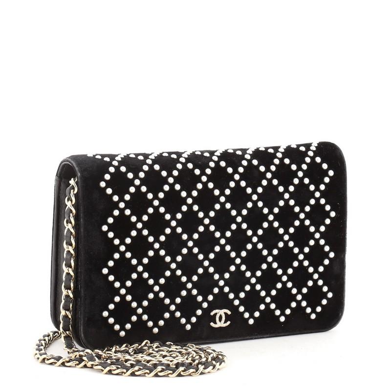 Chanel Brieftasche an Kette Perle verschönert Samt (Schwarz)