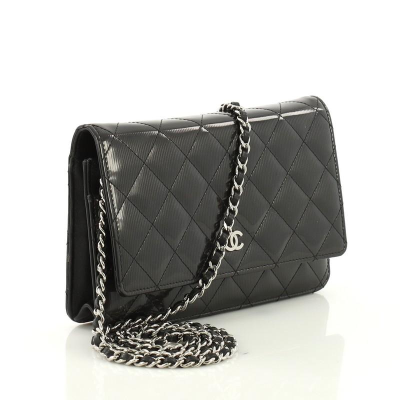 Black Chanel Wallet on Chain Quilted Striated Metallic Patent