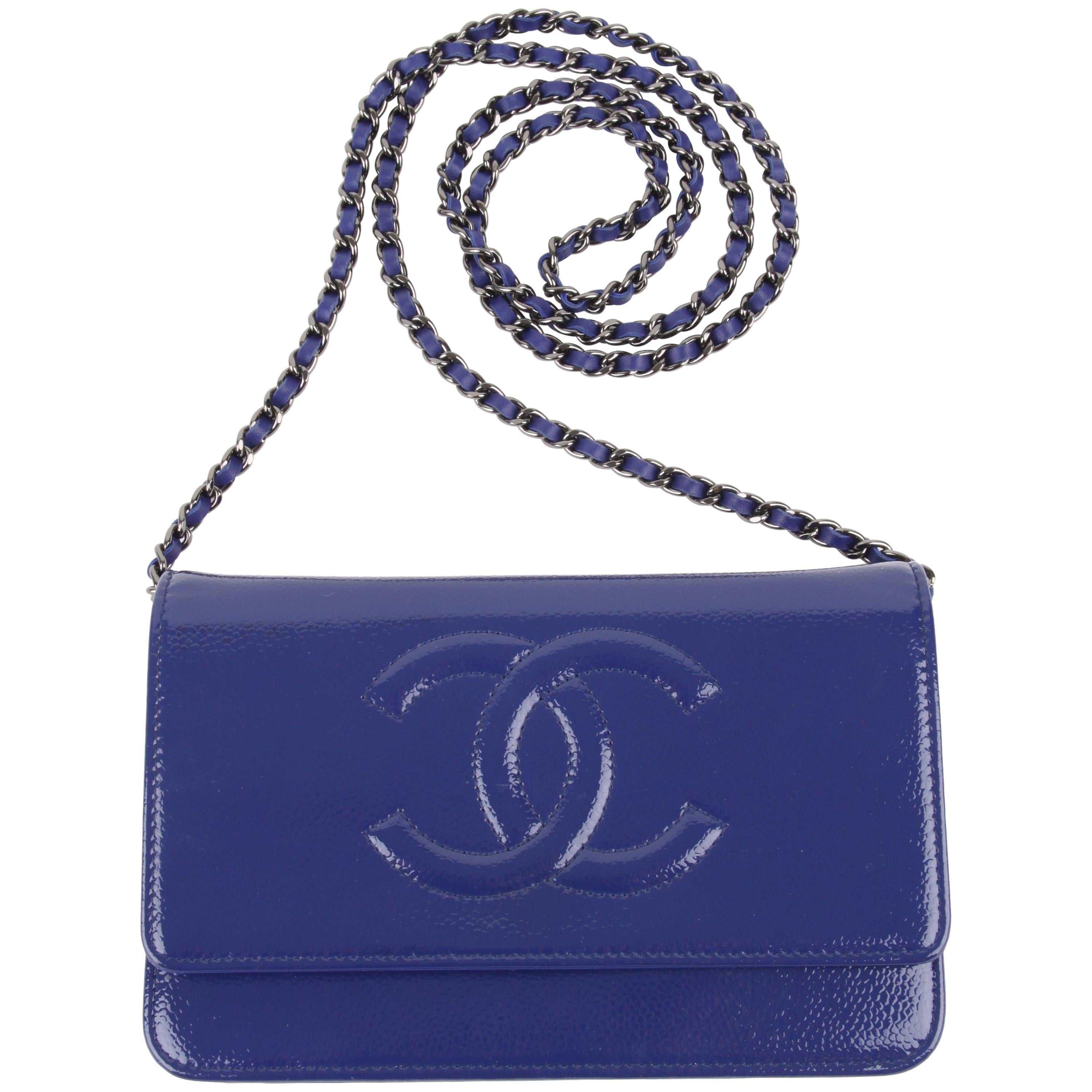 Chanel Wallet On Chain WOC Bag Patent Leather - blue/silver For Sale