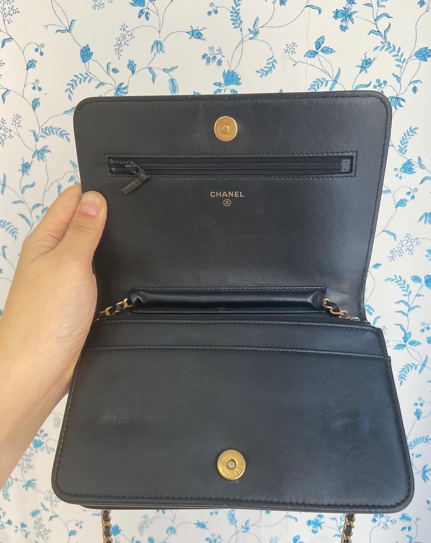 Chanel Wallet on Chain WOC Boy Black Calfskin Leather Chevron Wrinkled Effect 10