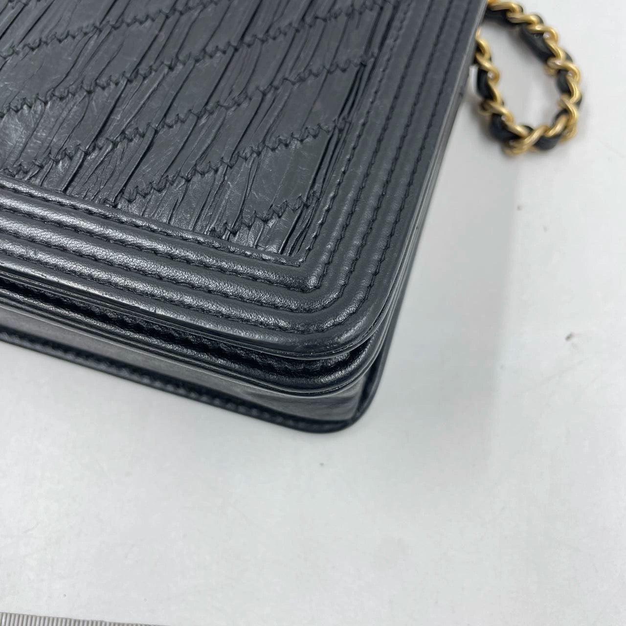 Chanel Wallet on Chain WOC Boy Black Calfskin Leather Chevron Wrinkled Effect 14