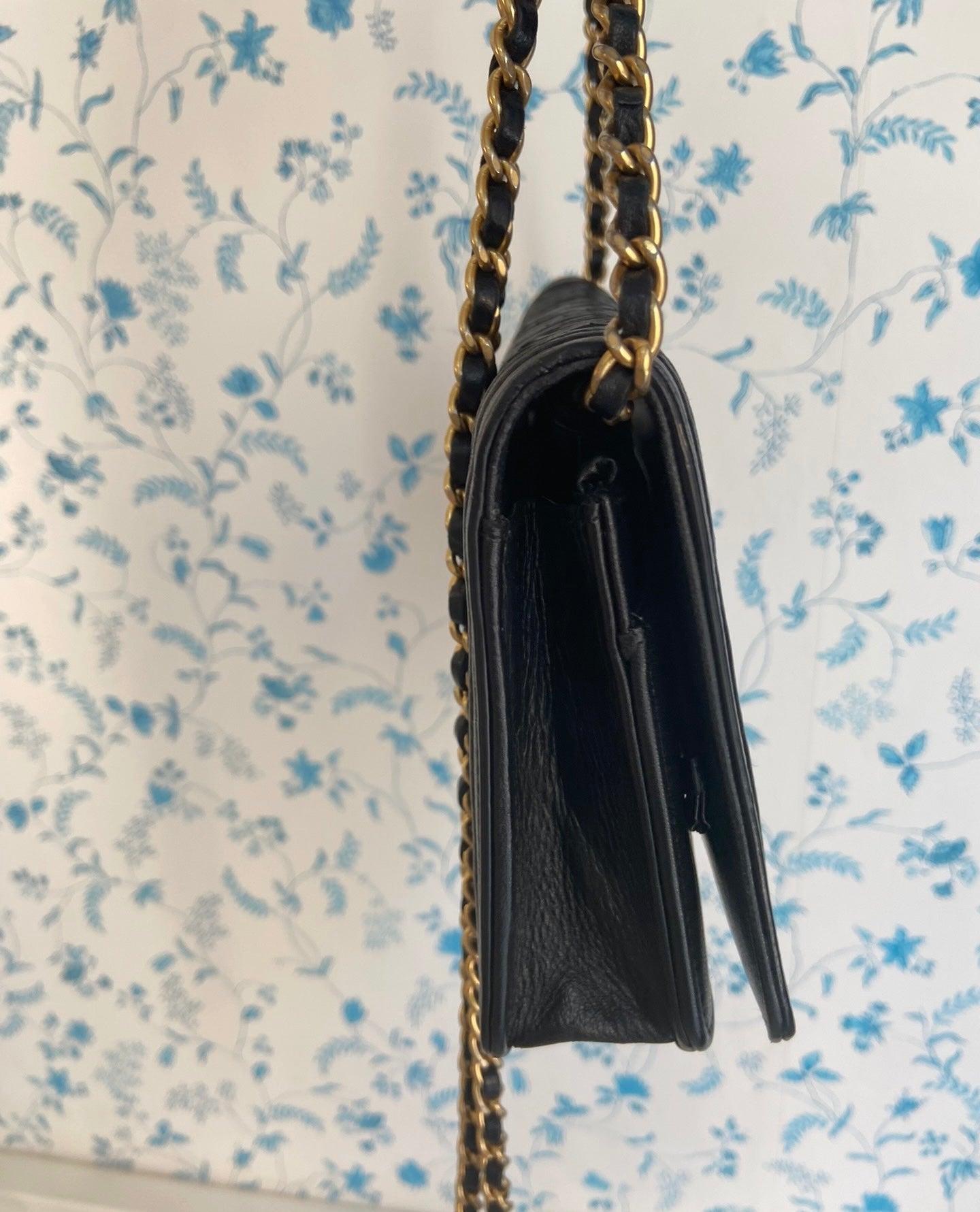 Women's Chanel Wallet on Chain WOC Boy Black Calfskin Leather Chevron Wrinkled Effect