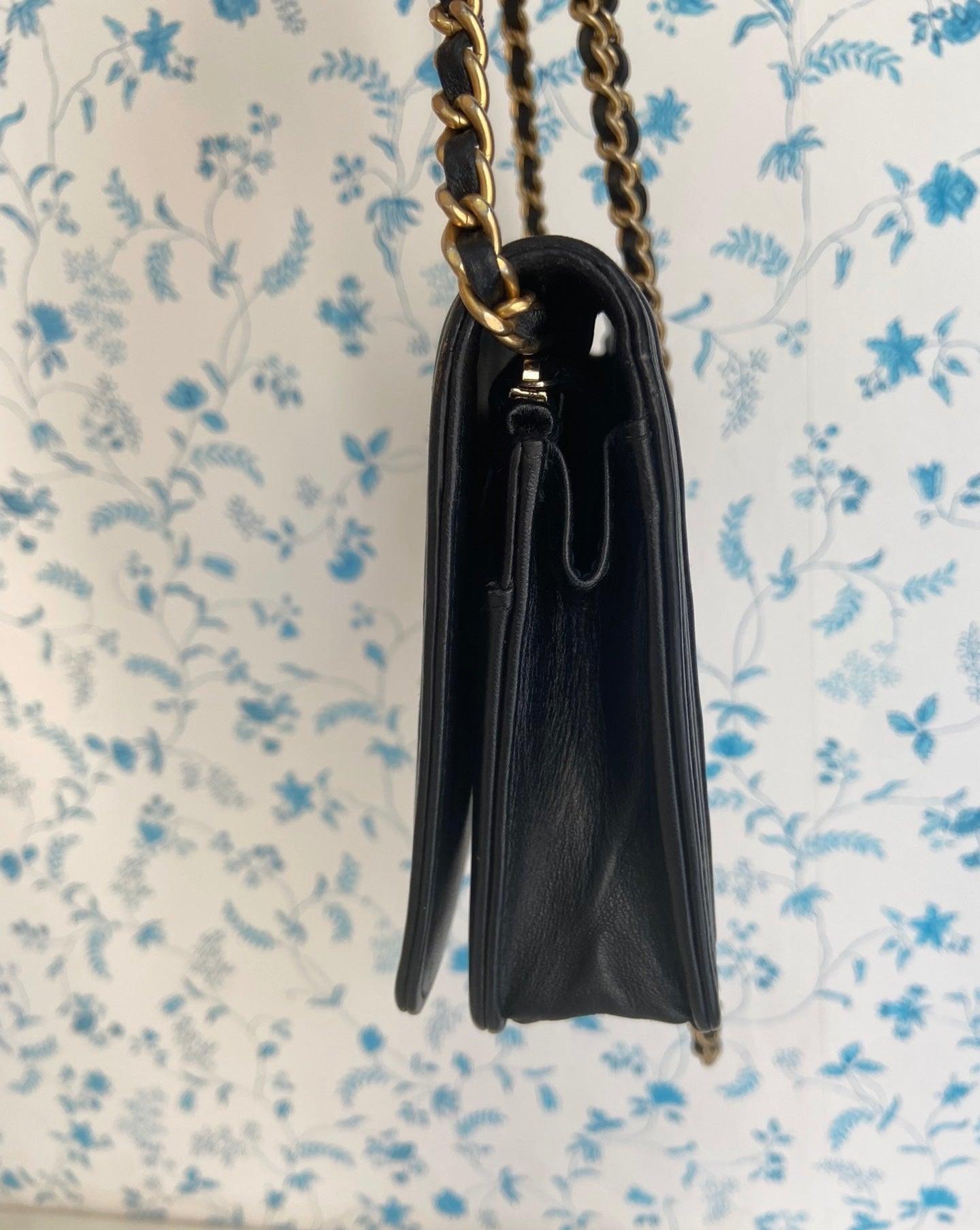 Chanel Wallet on Chain WOC Boy Black Calfskin Leather Chevron Wrinkled Effect 1