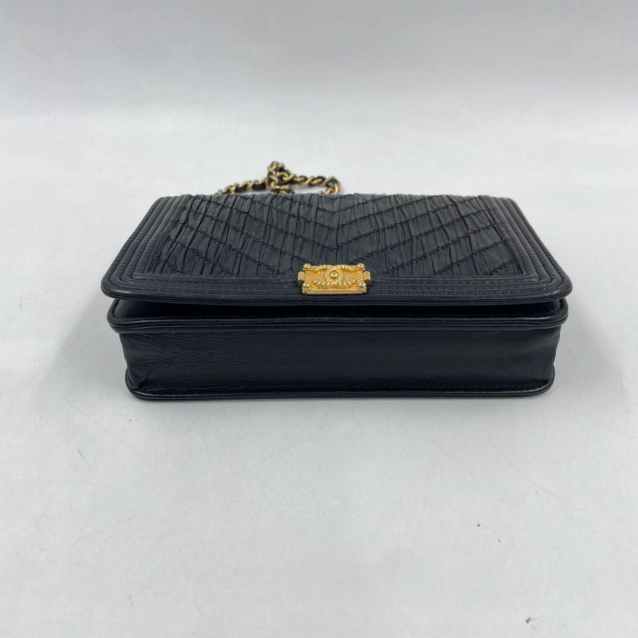 Chanel Wallet on Chain WOC Boy Black Calfskin Leather Chevron Wrinkled Effect 3