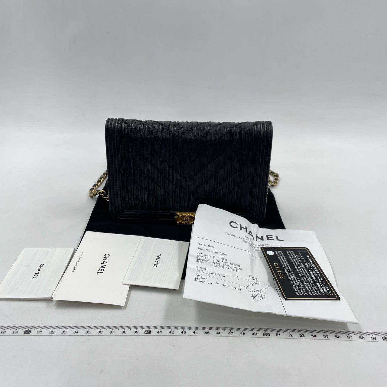 Chanel Wallet on Chain WOC Boy Black Calfskin Leather Chevron Wrinkled Effect 4
