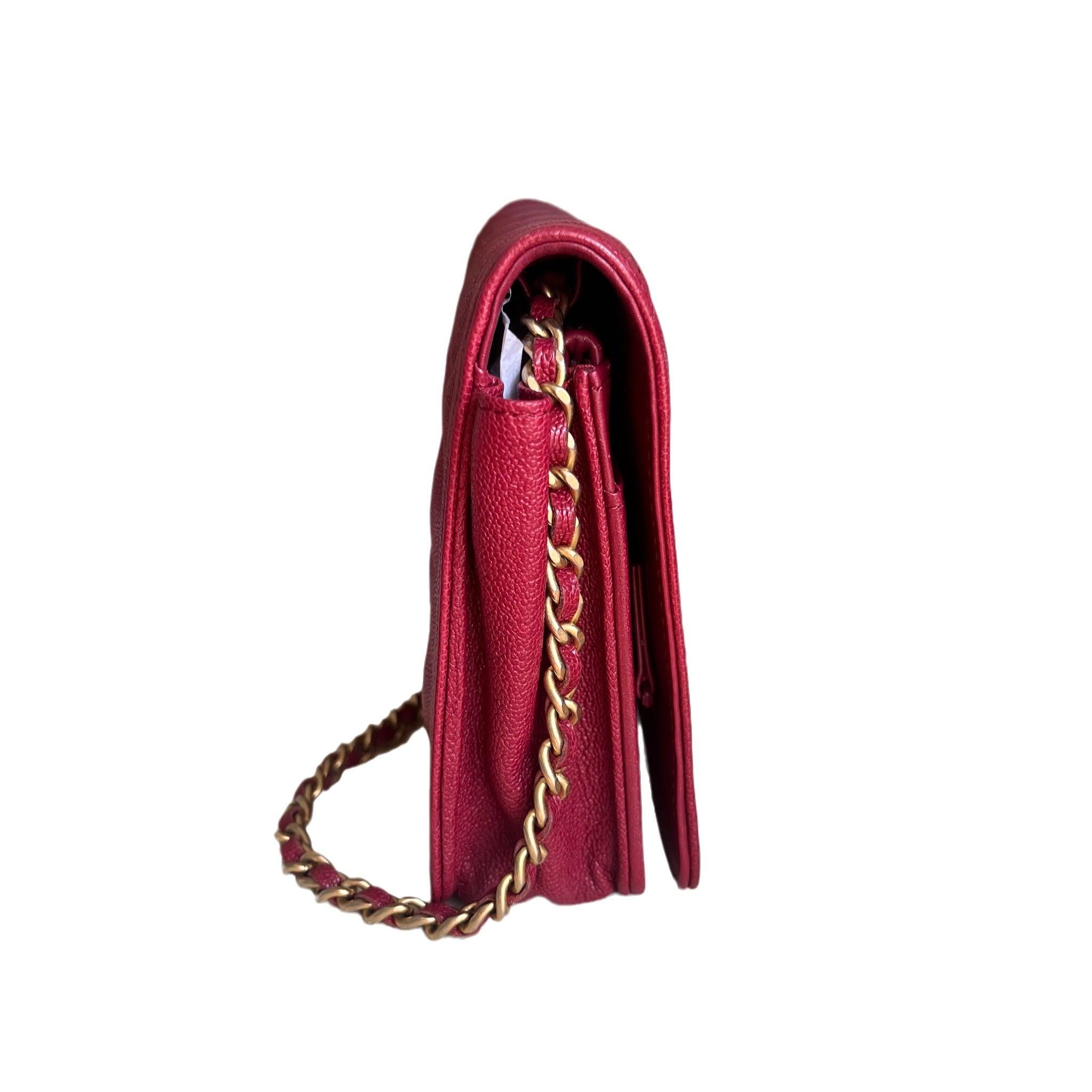 Women's Chanel Wallet on Chain WOC Boy Red Caviar Leather with Antiqued Gold Hardware For Sale