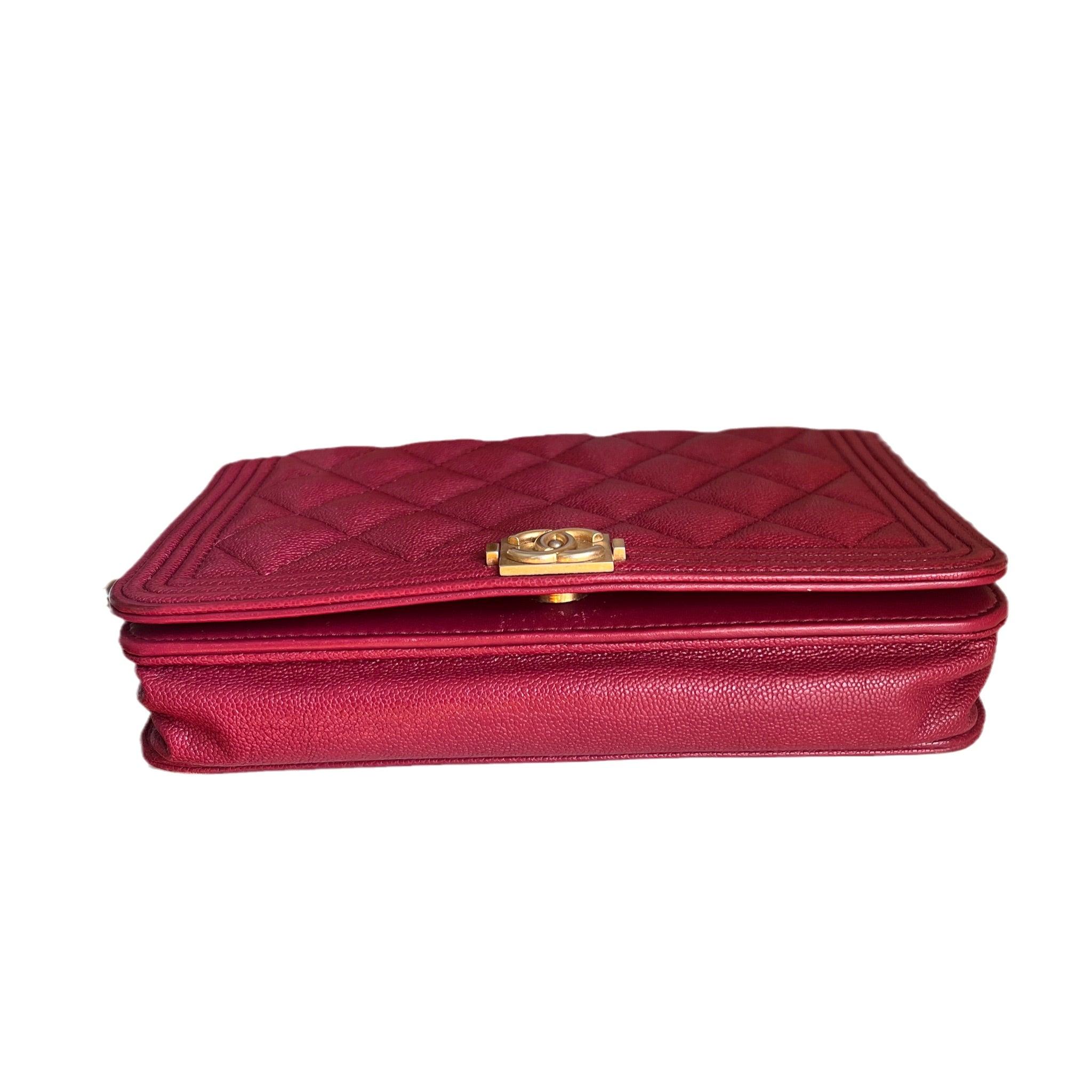 Chanel Wallet on Chain WOC Boy Red Caviar Leather with Antiqued Gold Hardware For Sale 1