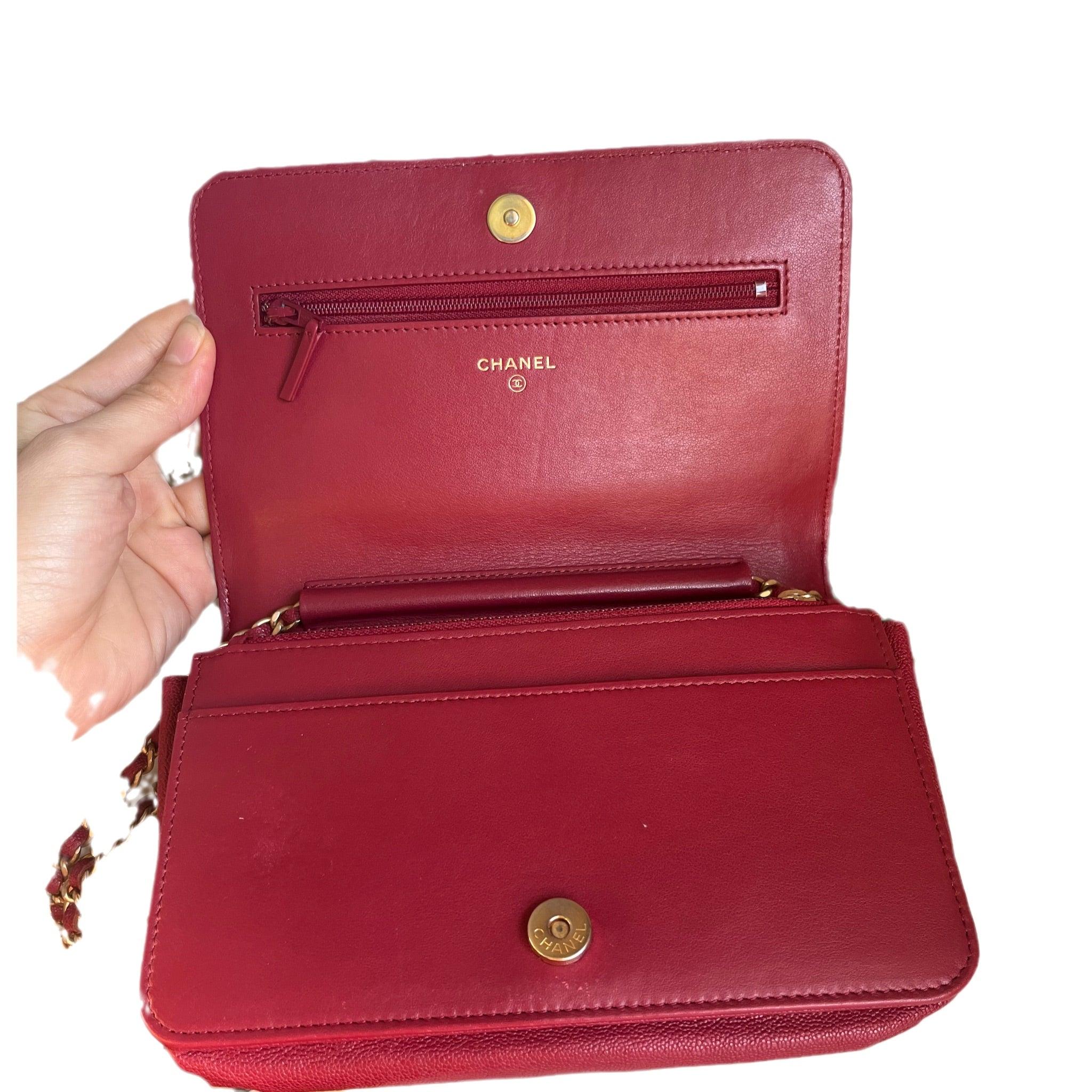 Chanel Wallet on Chain WOC Boy Red Caviar Leather with Antiqued Gold Hardware For Sale 2