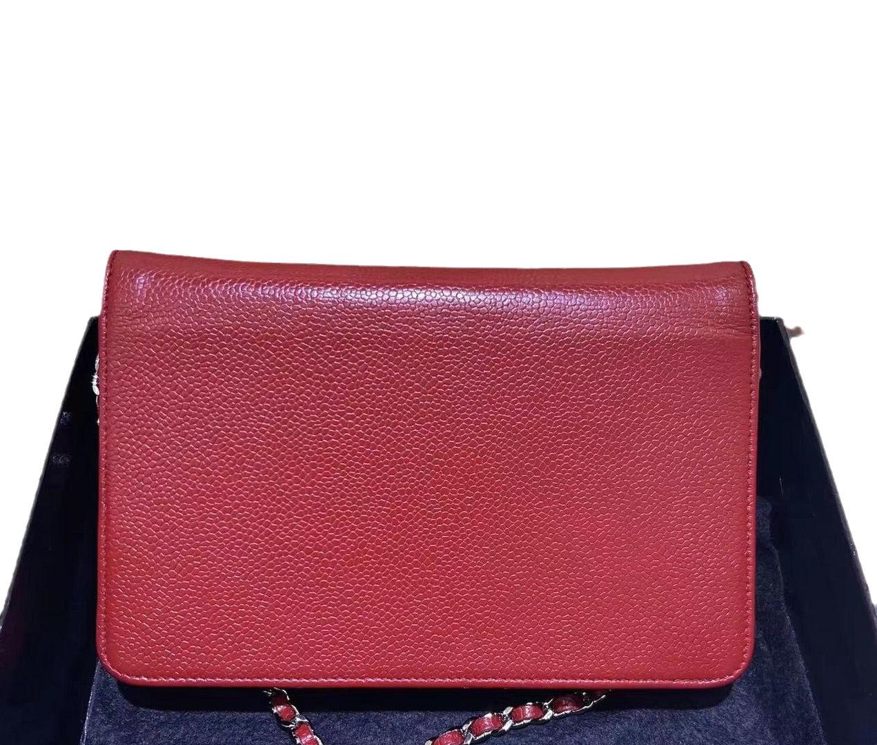 Chanel Wallet on Chain WOC Double CC Red Caviar Leather
 These are professional photos of the actual bag offered by Luxbags.
 
 Perfect for any occasion, the Chanel Wallet on Chain WOC is crafted from luxurious and scratch-resistant caviar skin