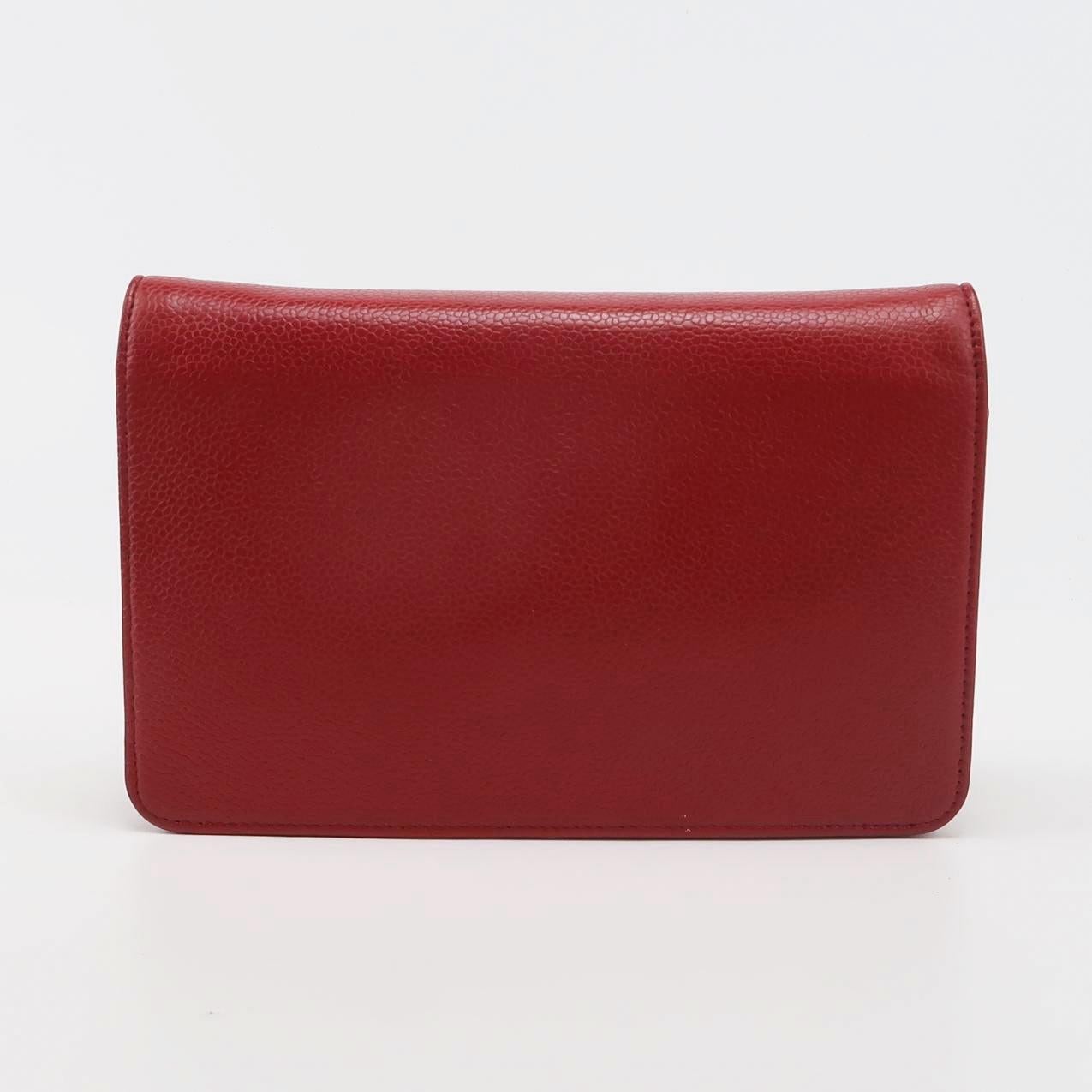 Marron Portefeuille Chanel WOC double CC rouge caviar sur chaîne en vente