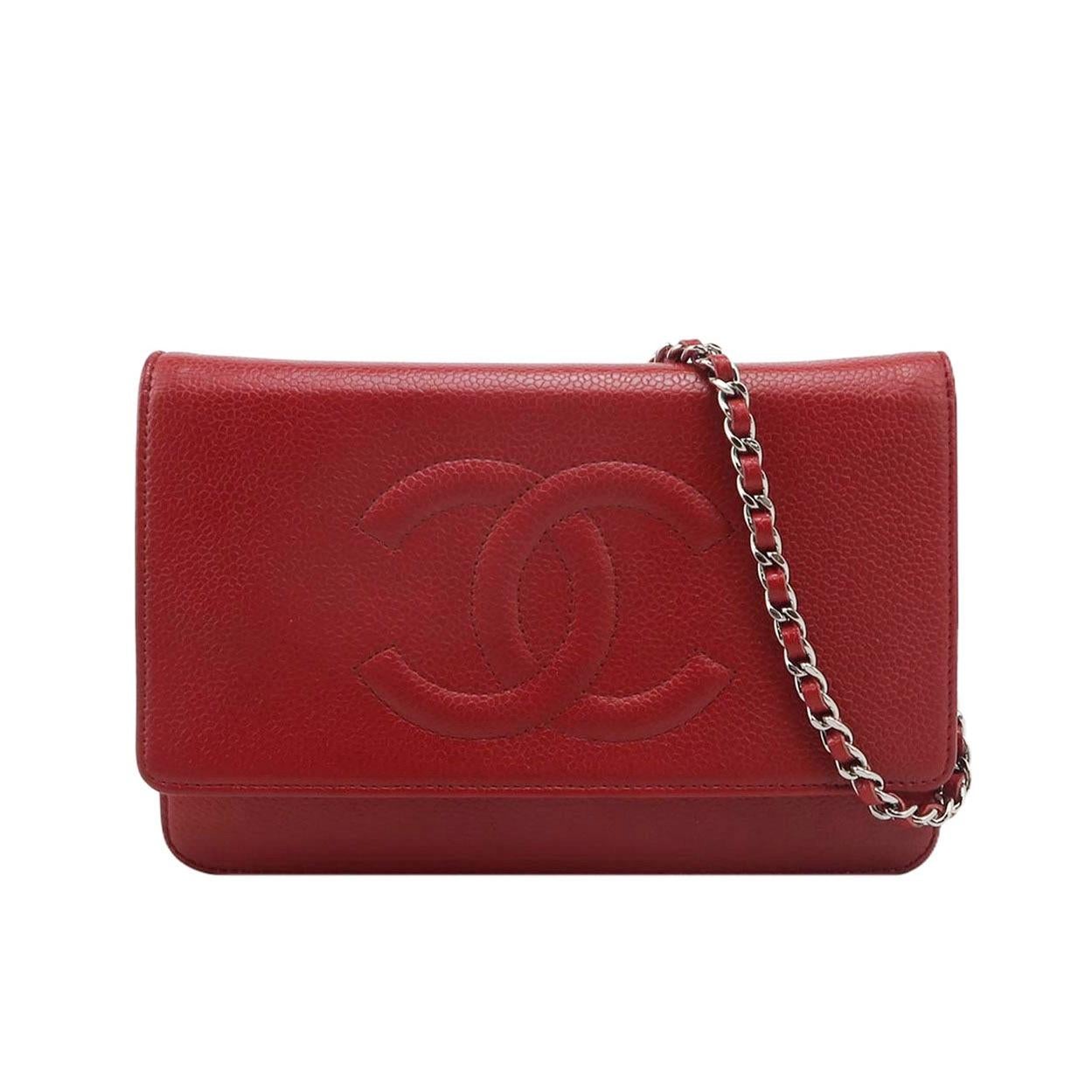 Portafoglio Chanel con catena WOC Doppio CC in pelle di caviale rossa