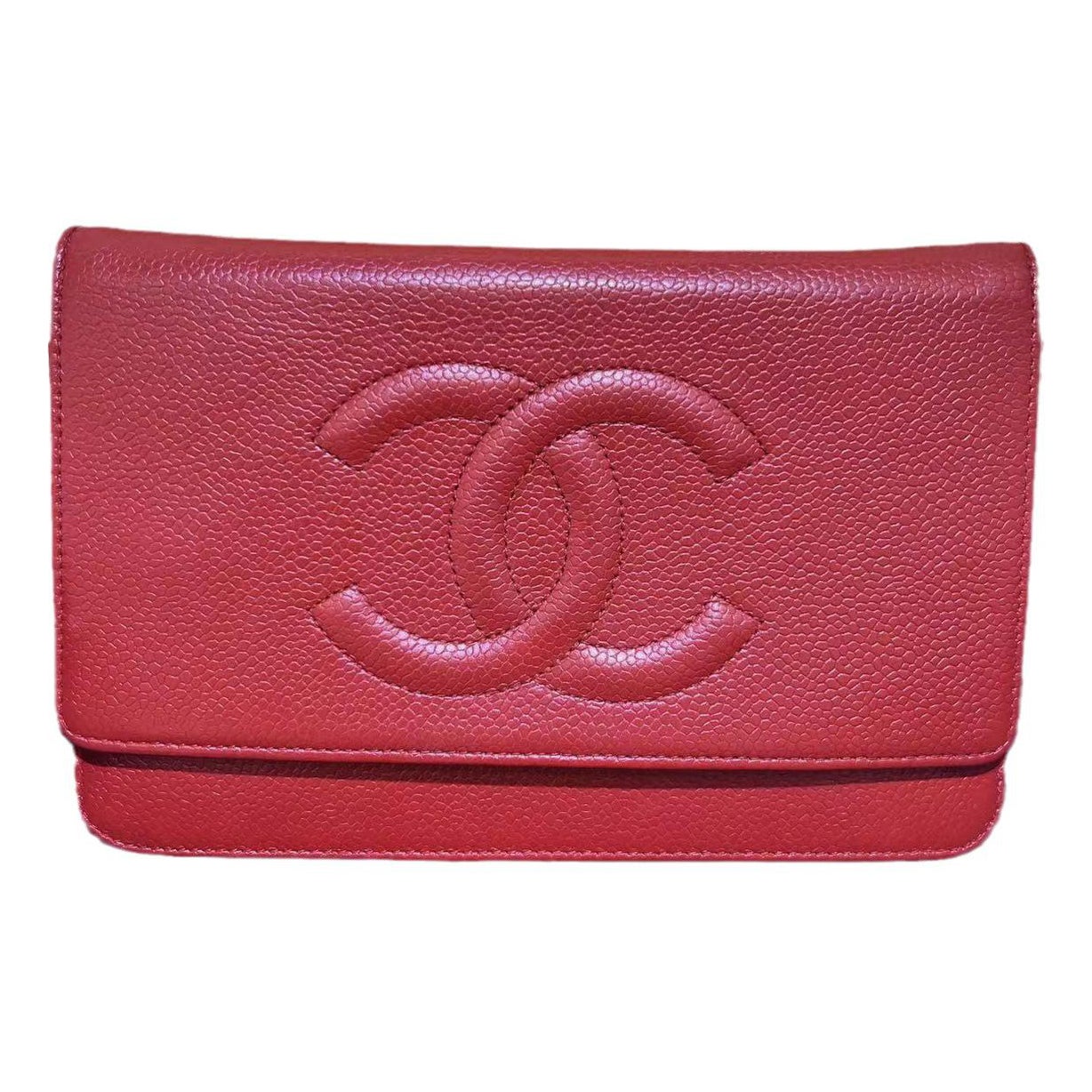 Portefeuille Chanel WOC double CC rouge caviar sur chaîne