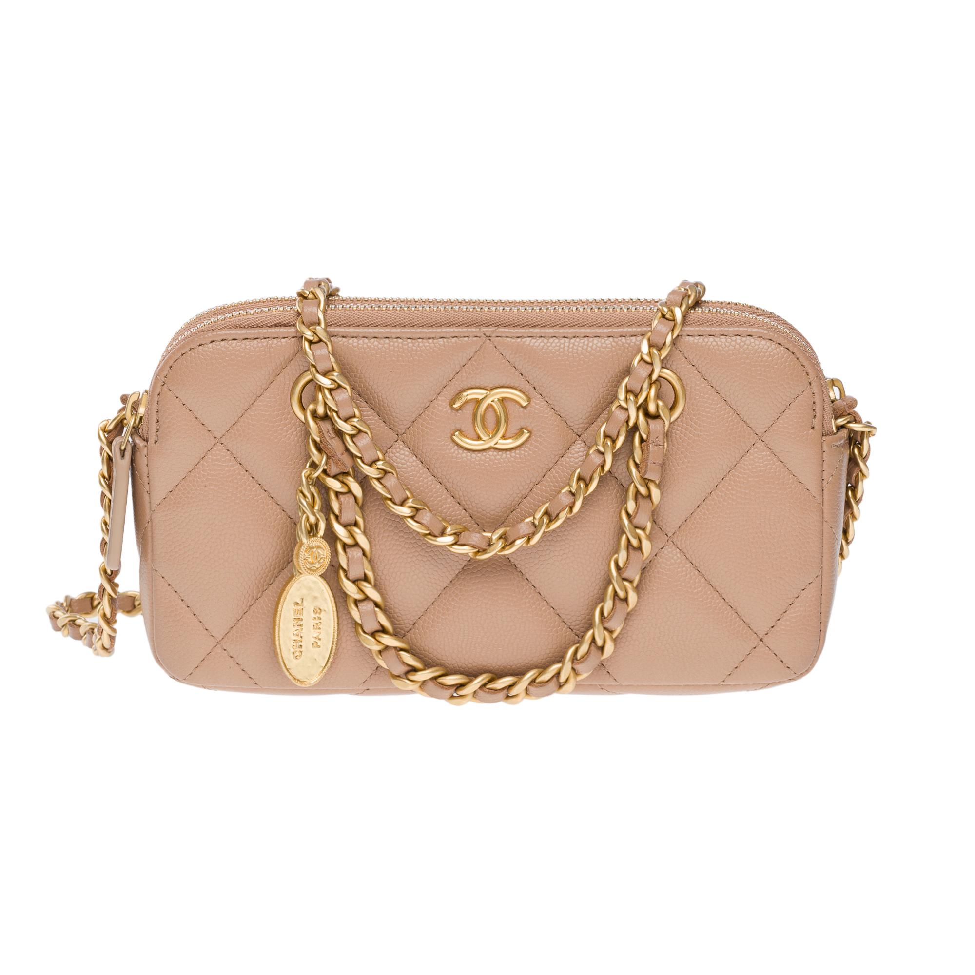 Women's Chanel Wallet on Chain (WOC)  shoulder bag in Beige quilted Caviar leather, MGHW For Sale