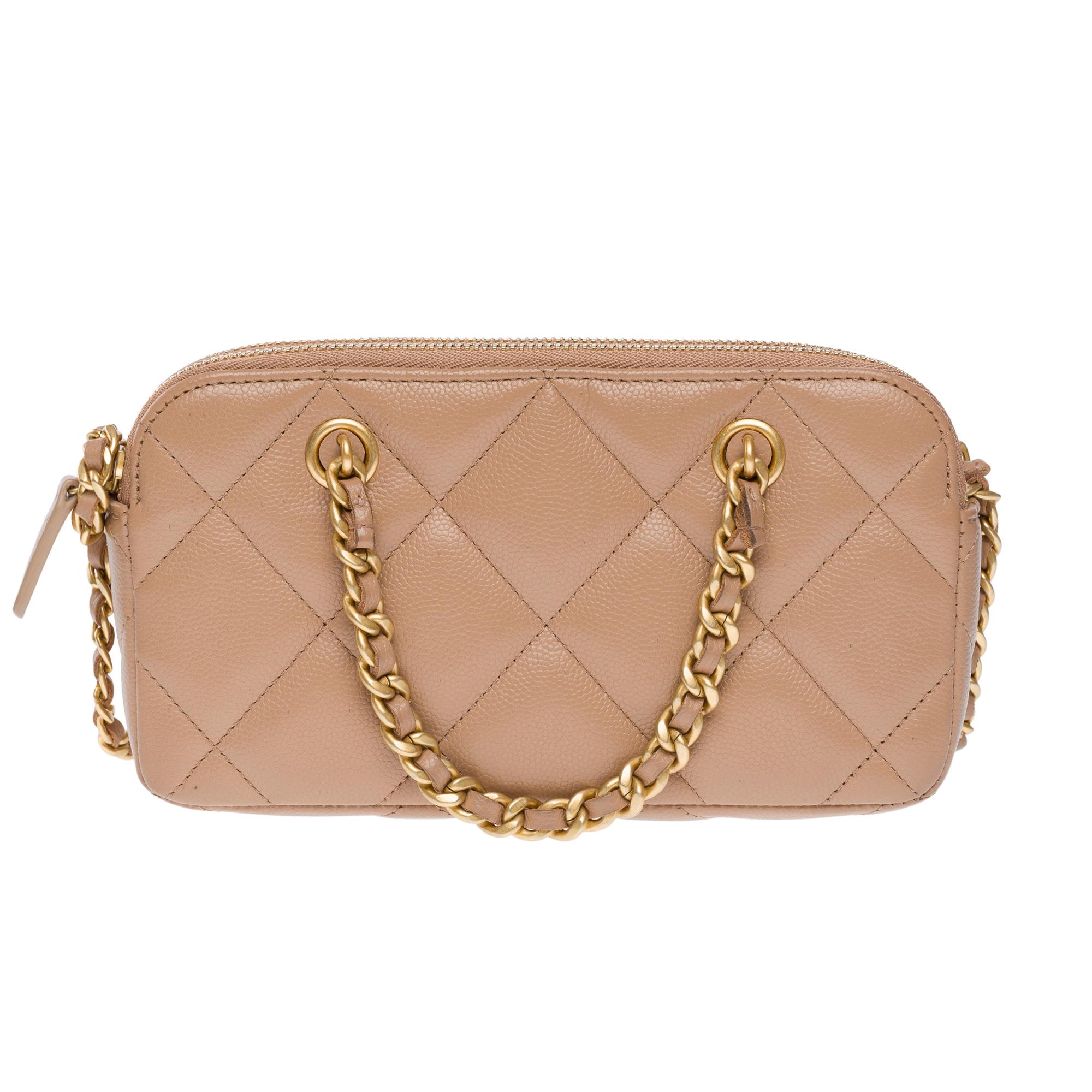 Chanel Wallet on Chain (WOC)  shoulder bag in Beige quilted Caviar leather, MGHW For Sale 1
