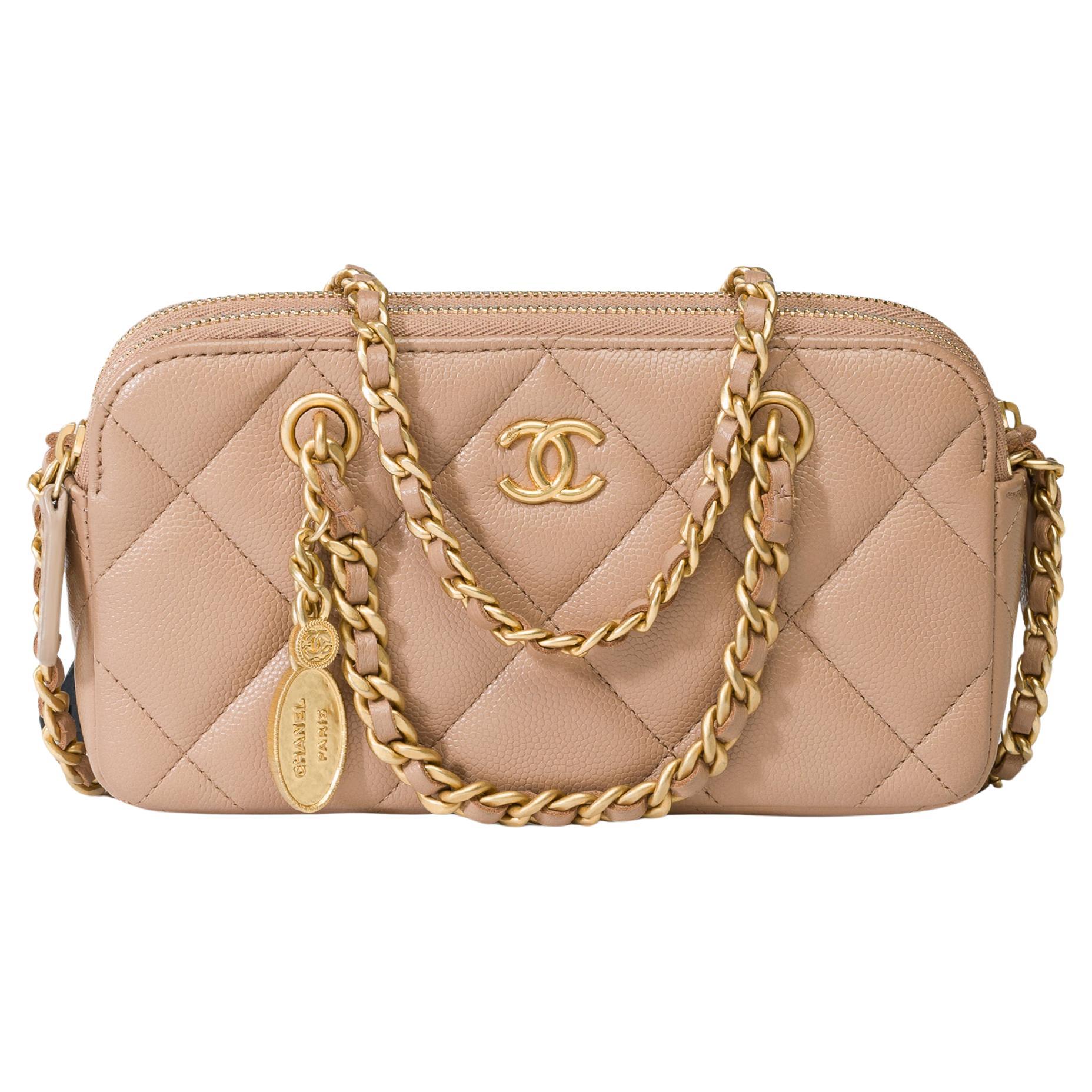 Chanel Wallet on Chain (WOC)  shoulder bag in Beige quilted Caviar leather, MGHW For Sale
