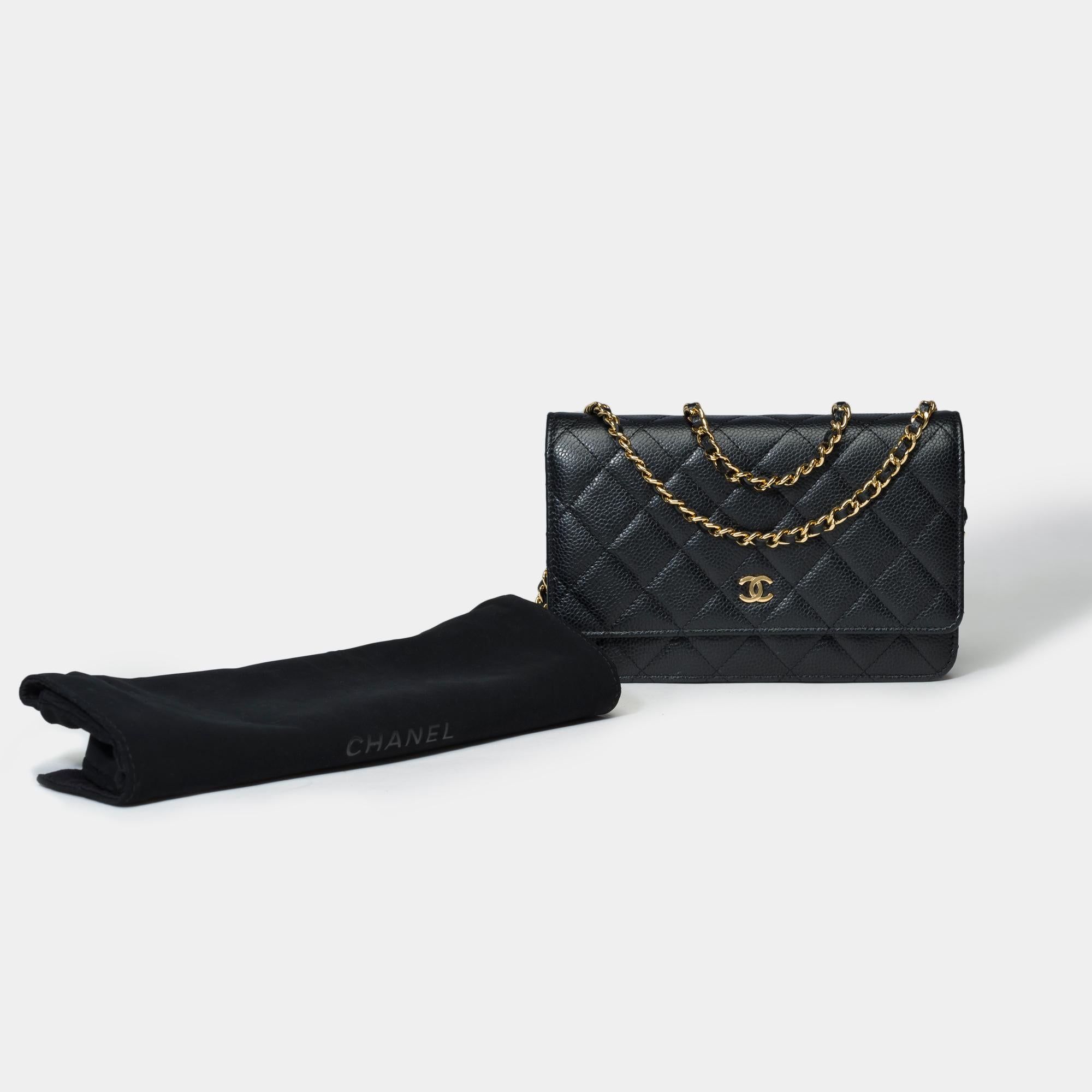 Lovely​ ​Chanel​ ​Wallet​ ​On​ ​Chain(WOC)​ ​shoulder​ ​bag​ ​​ ​in​ ​black​ ​quilted​ ​caviar​ ​leather,​ ​gold​ ​metal​ ​trim,​ ​a​ ​gold​ ​metal​ ​chain​ ​handle​ ​interlaced​ ​with​ ​black​ ​leather​ ​allowing​ ​a​ ​shoulder​ ​or​ ​crossbody​