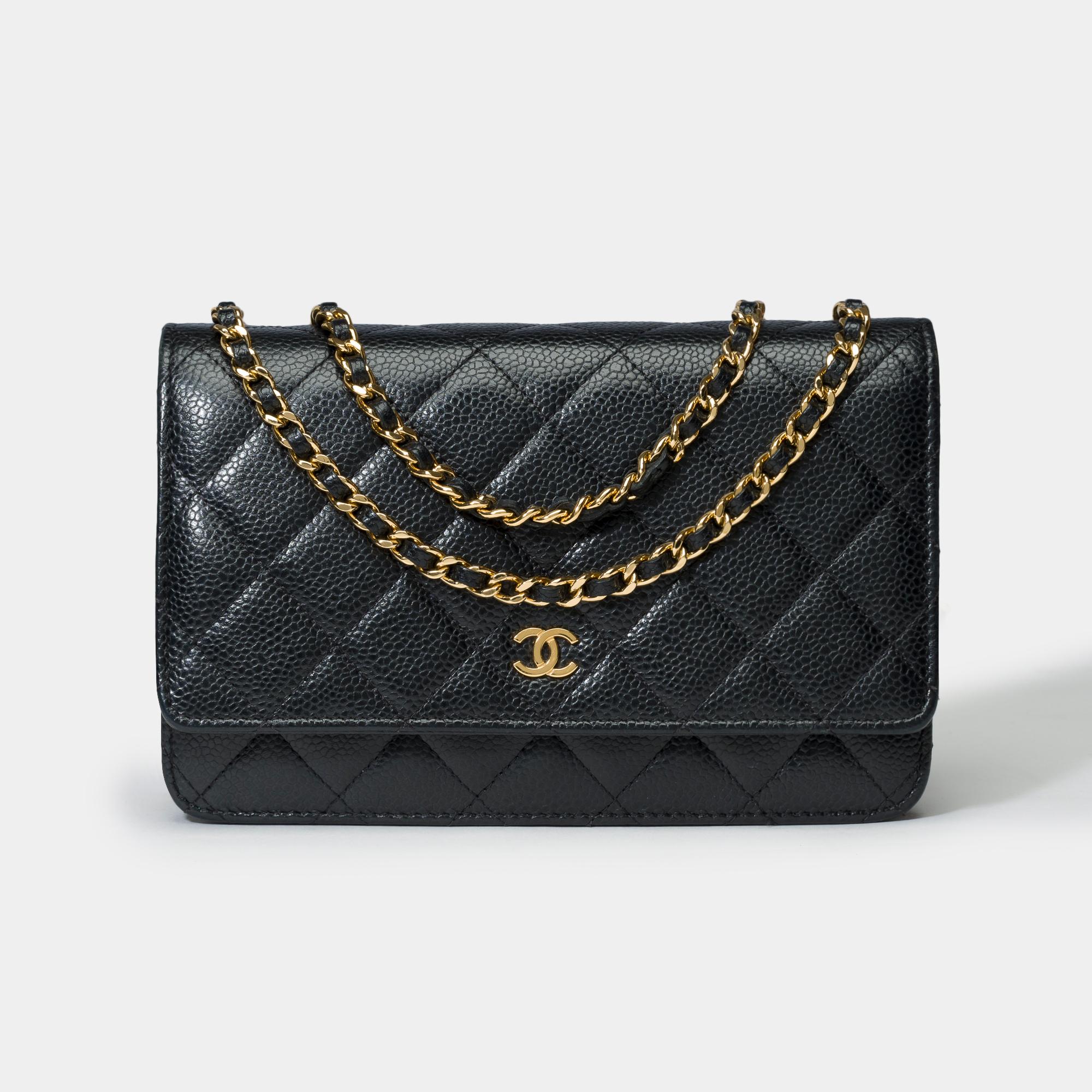 Lovely​​ ​​Chanel​​ ​​Wallet​​ ​​On​​ ​​Chain(WOC)​​ ​​shoulder​​ ​​bag​​ ​​​​ ​​in​​ ​​black​​ ​​quilted​​ ​​caviar​​ ​​leather,​​ ​​gold​​ ​​metal​​ ​​trim,​​ ​​a​​ ​​gold​​ ​​metal​​ ​​chain​​ ​​handle​​ ​​interlaced​​ ​​with​​ ​​black​​