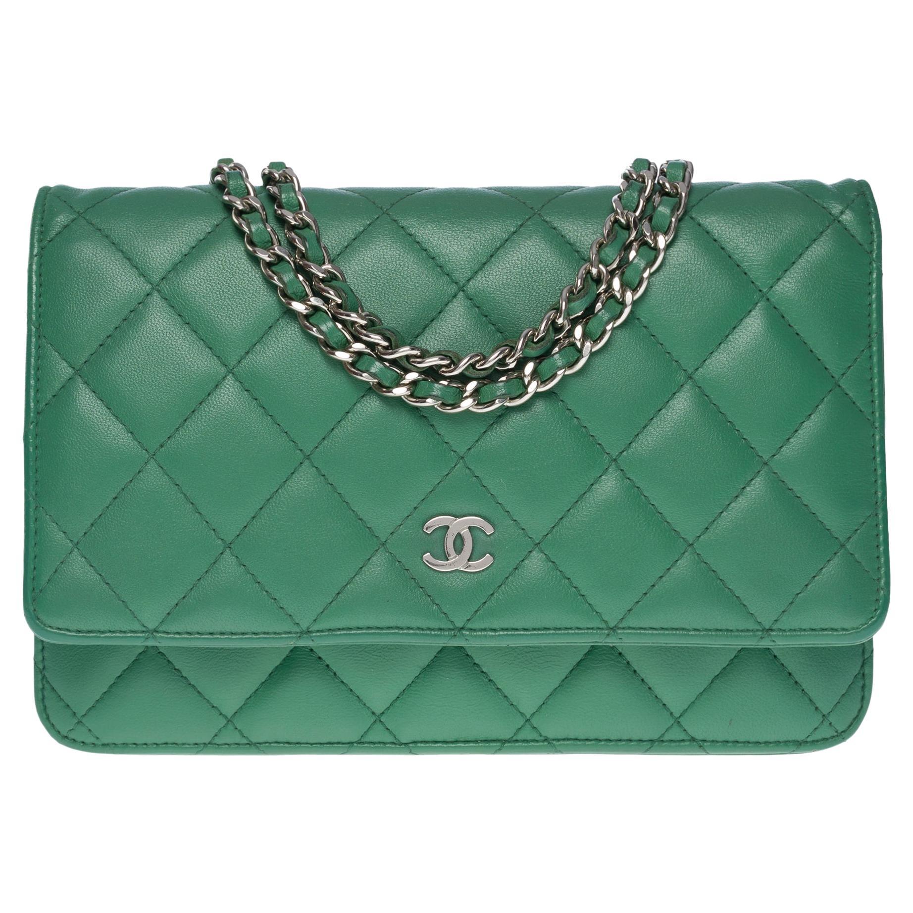 2013 Chanel Green Patent Leather SHW Silver Classic Wallet on Chain WOC Bag