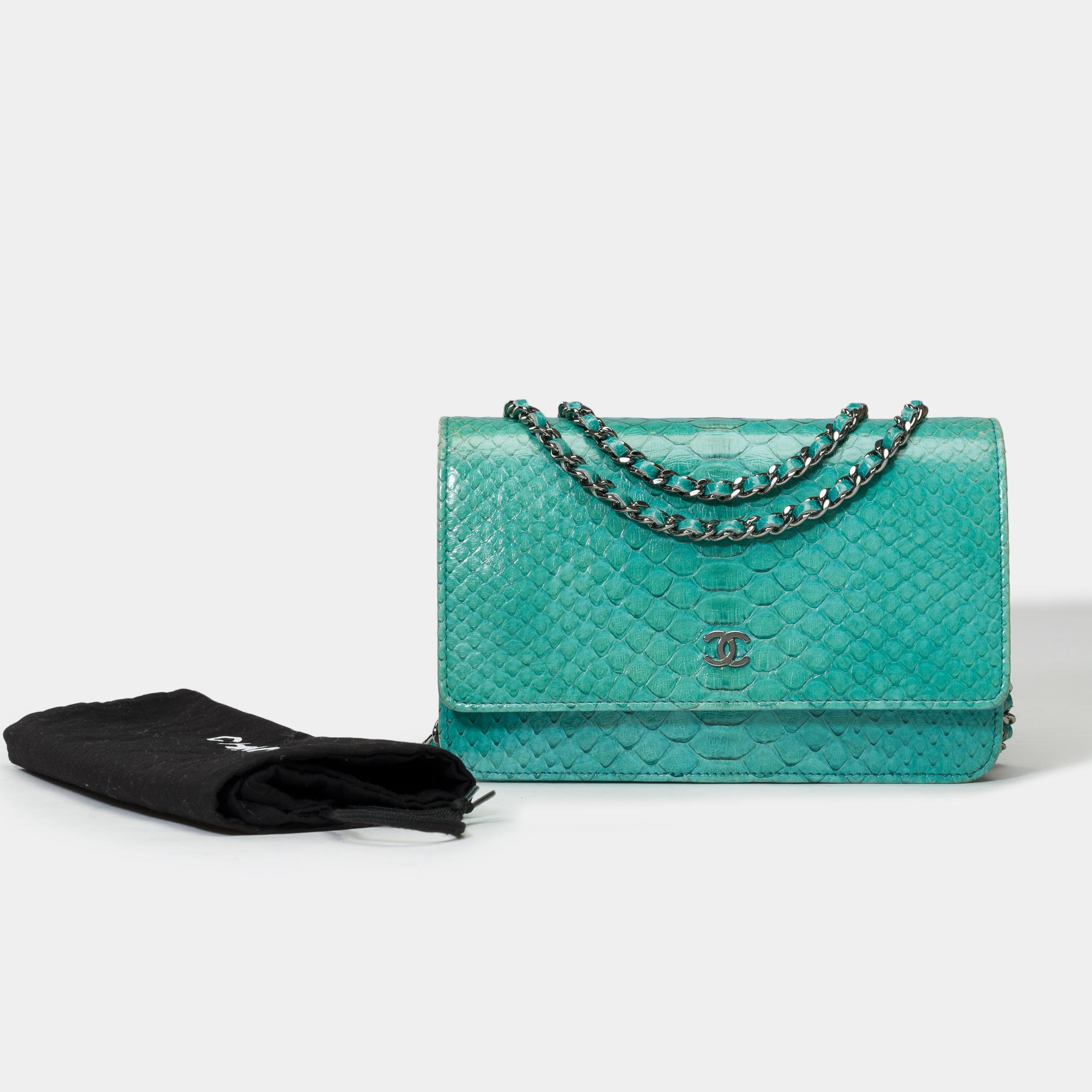 Stunning​ ​Chanel​ ​Wallet​ ​On​ ​Chain​ ​Bag​ ​(WOC)​ ​in​ ​turquoise​ ​blue​ ​python,​ ​silver​ ​metal​ ​trim,​ ​a​ ​chain​ ​handle​ ​in​ ​silver​ ​metal​ ​interlaced​ ​with​ ​blue​ ​leather​ ​allowing​ ​a​ ​shoulder​ ​or​ ​crossbody​