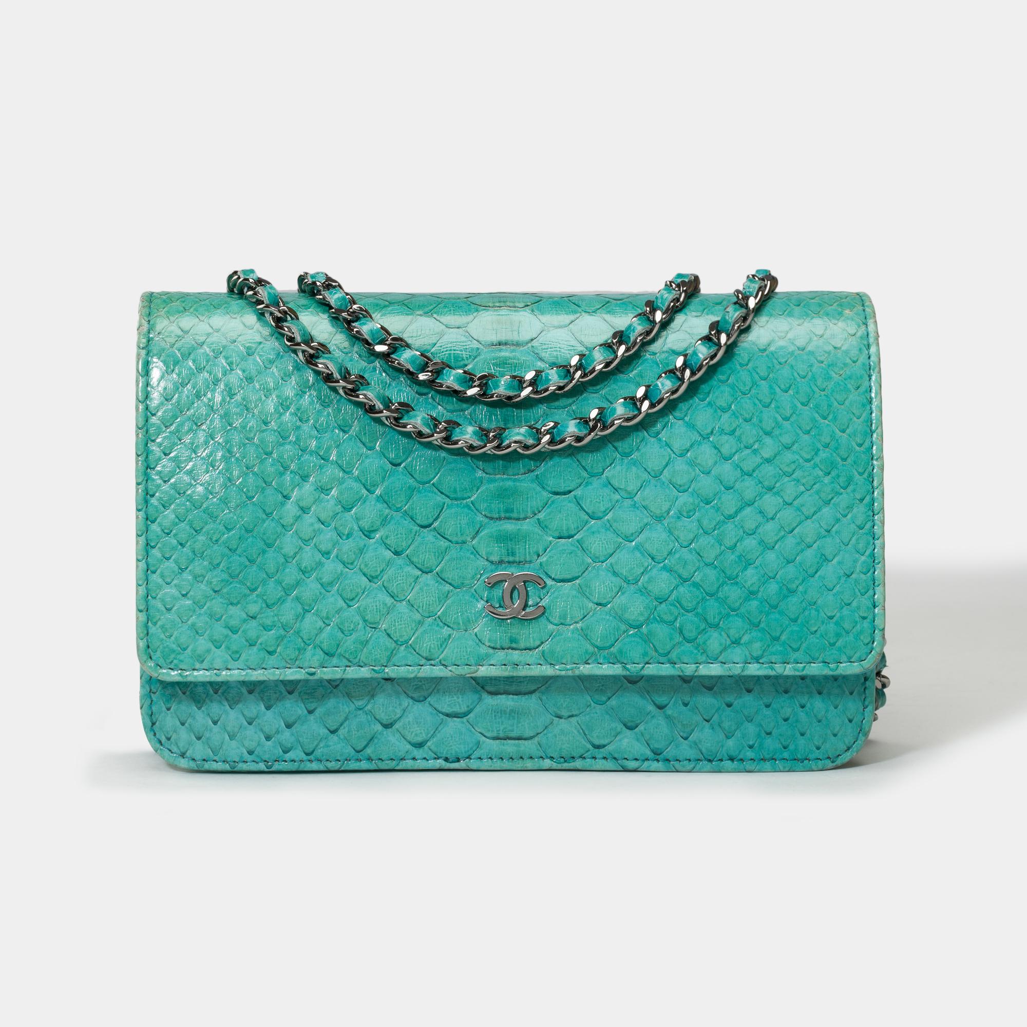 Chanel Wallet on Chain (WOC)  shoulder bag in Turquoise Blue Python leather, SHW In Excellent Condition In Paris, IDF