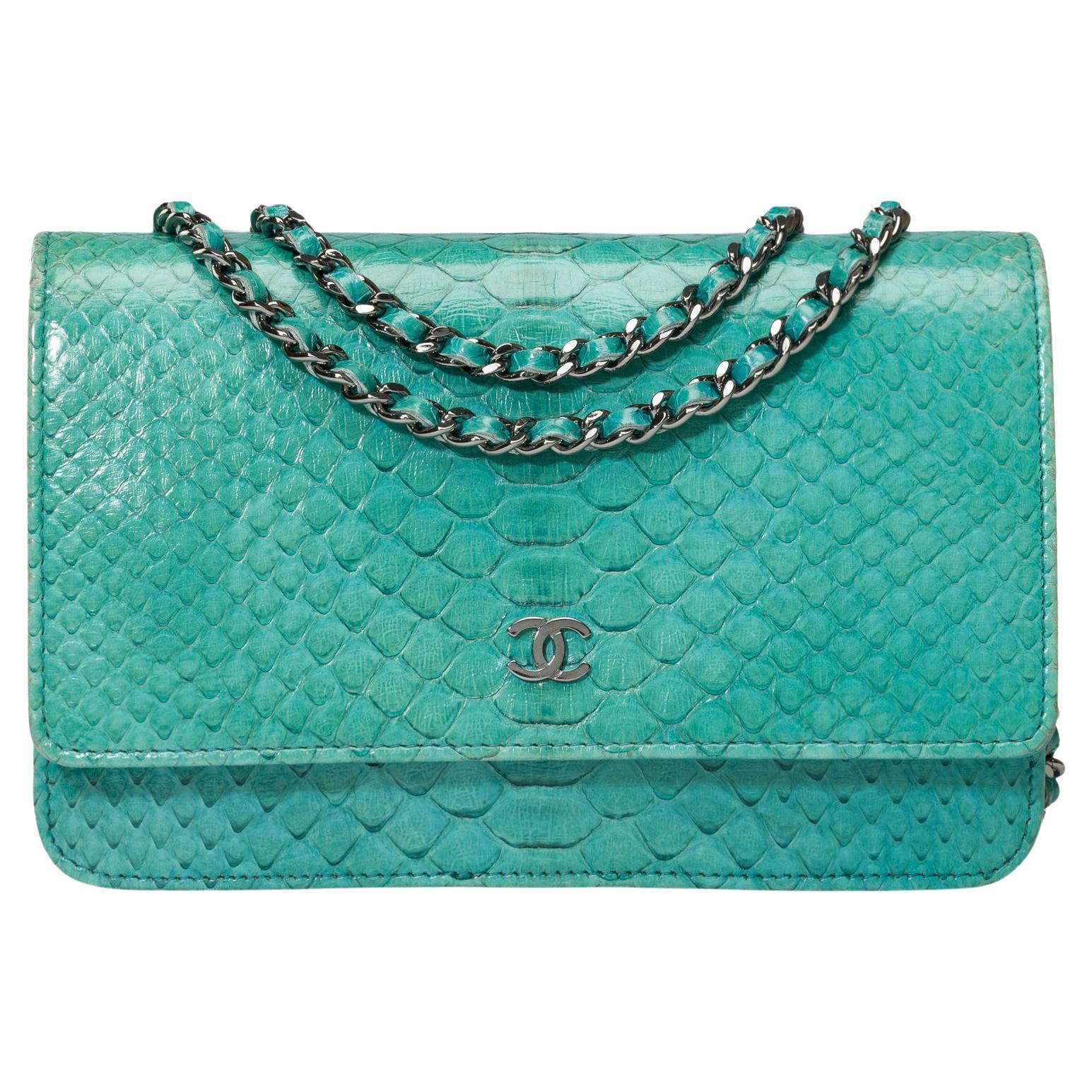 Chanel Wallet on Chain (WOC)  shoulder bag in Turquoise Blue Python leather, SHW