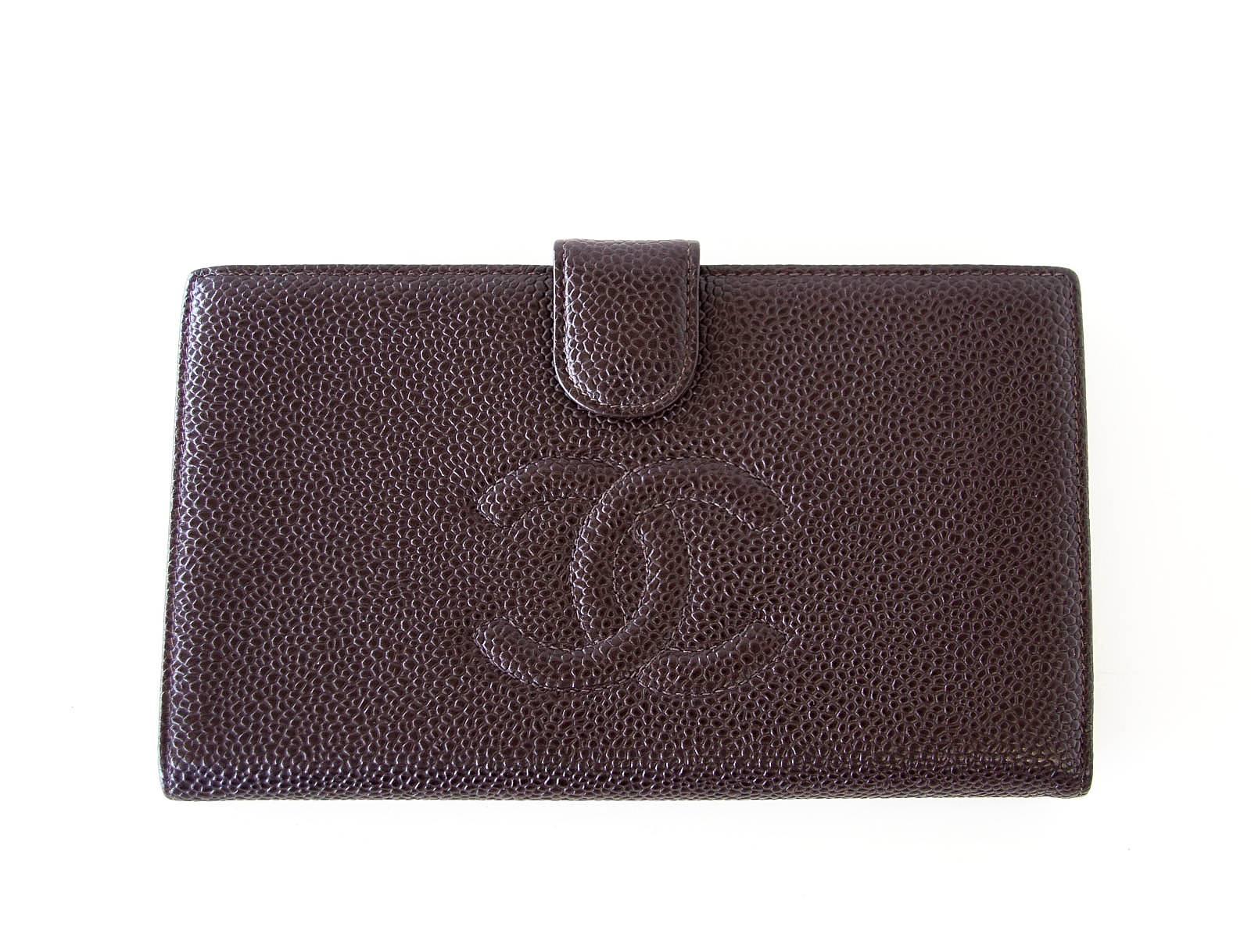Black Chanel Wallet Vintage Brown Long Bifold Subtle CC Logo Caviar Leather
