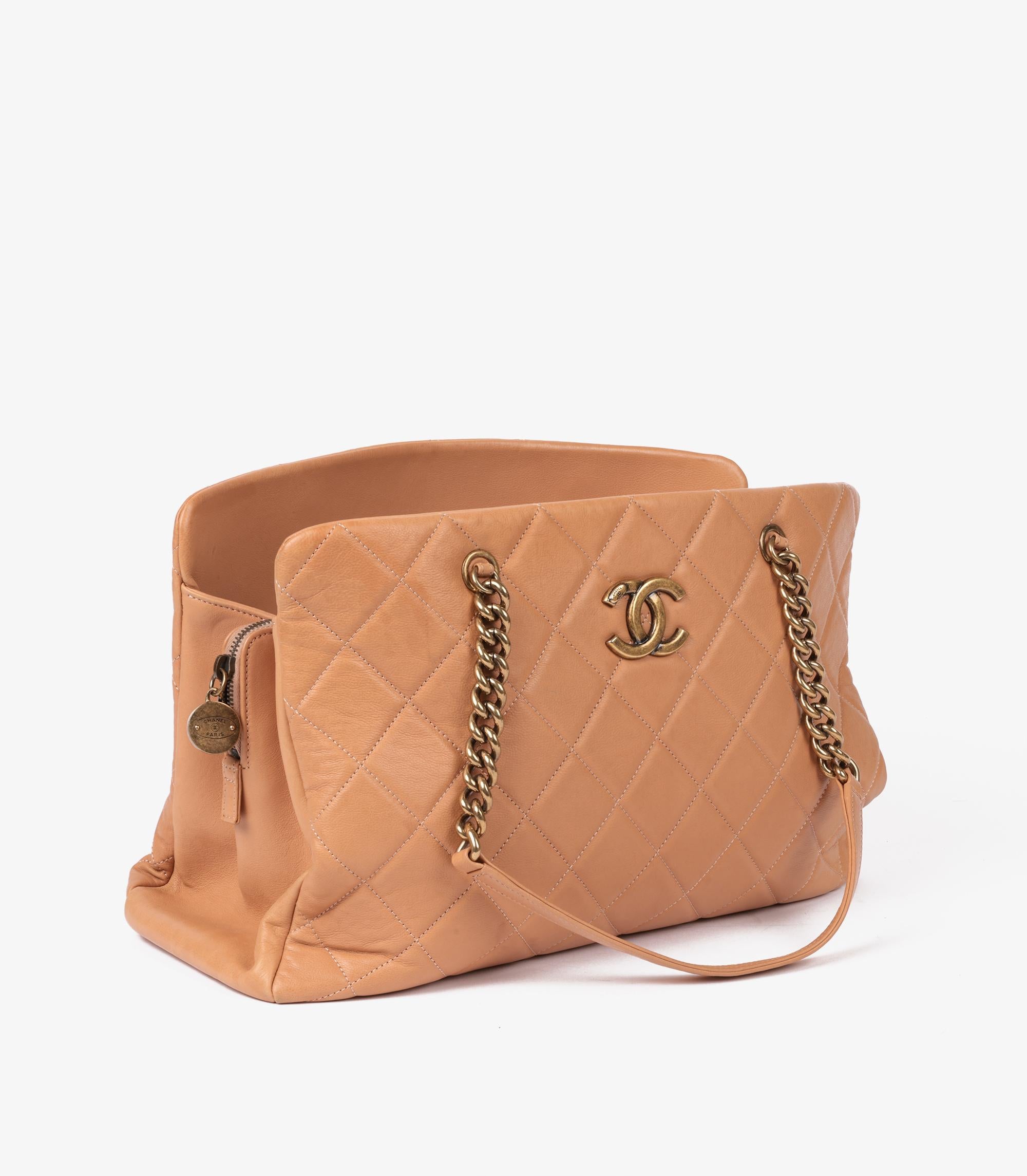 Orange Chanel Warm Beige Quilted Calfskin Leather Crown Shoulder Tote