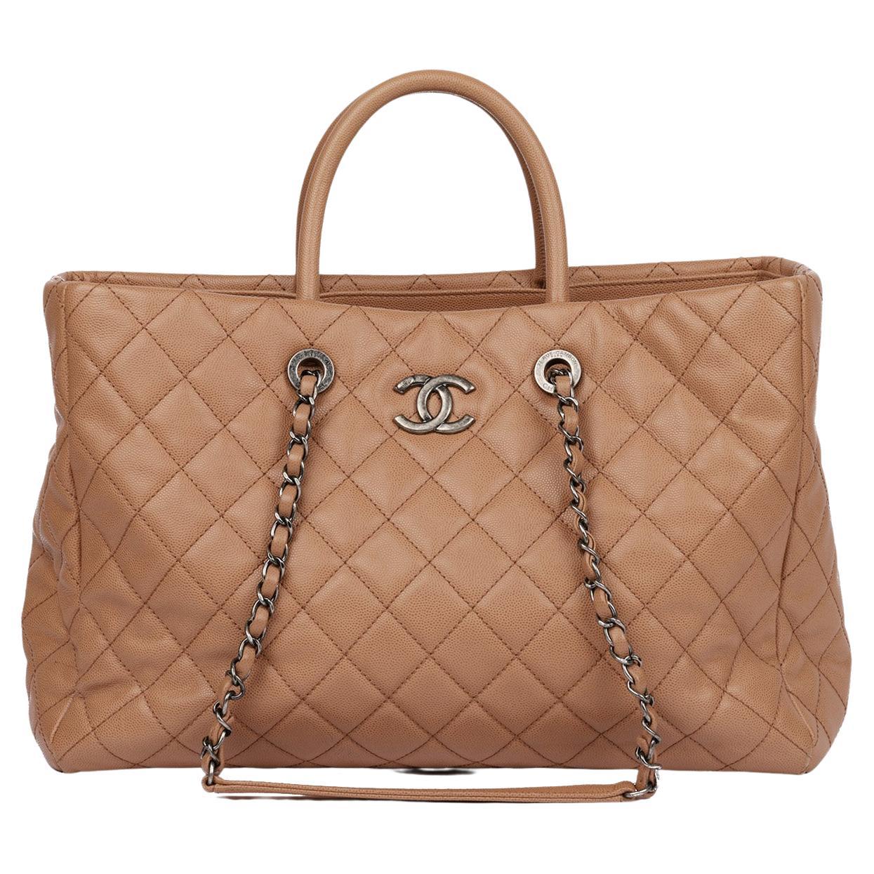 Chanel Warm Beige Quilted Caviar Leather Coco Handle Shopping Tote For Sale
