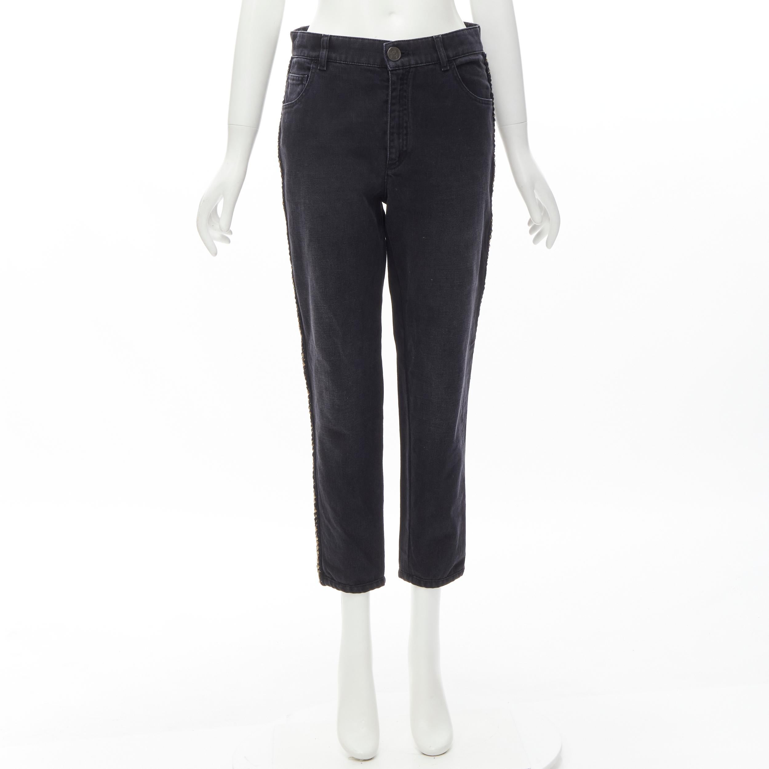 CHANEL washed black denim braided tweed trim CC pocket cropped jeans FR38 M For Sale 5