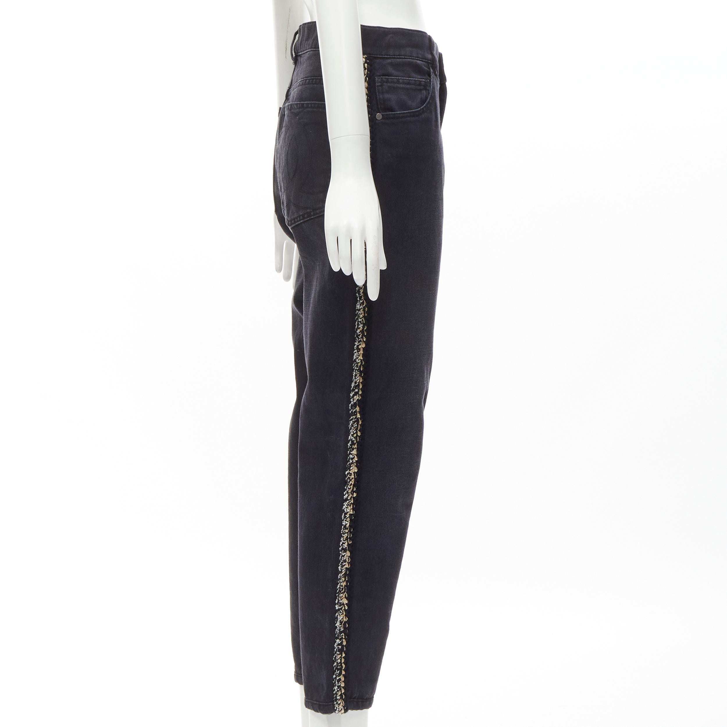 Women's CHANEL washed black denim braided tweed trim CC pocket cropped jeans FR38 M For Sale