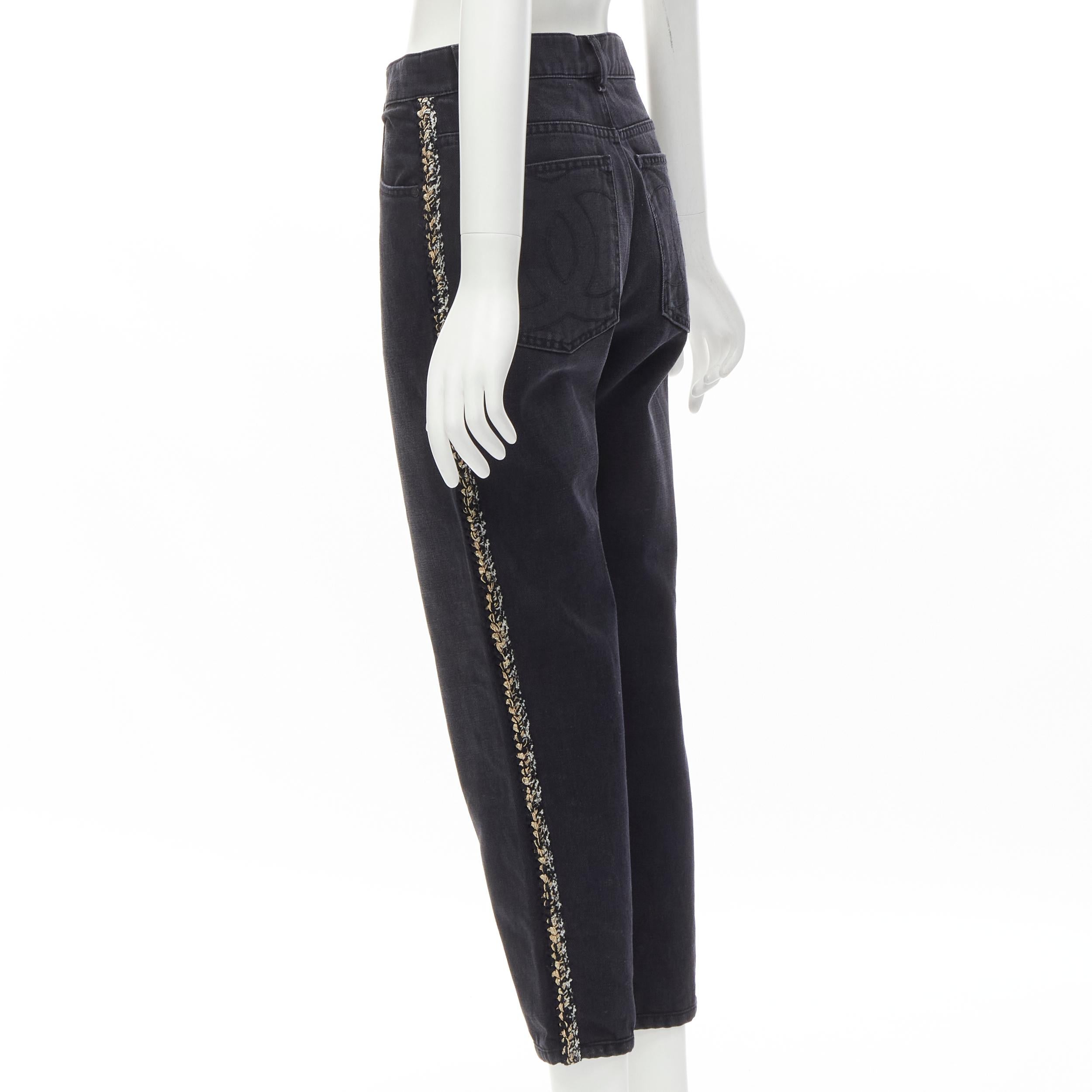CHANEL washed black denim braided tweed trim CC pocket cropped jeans FR38 M For Sale 1
