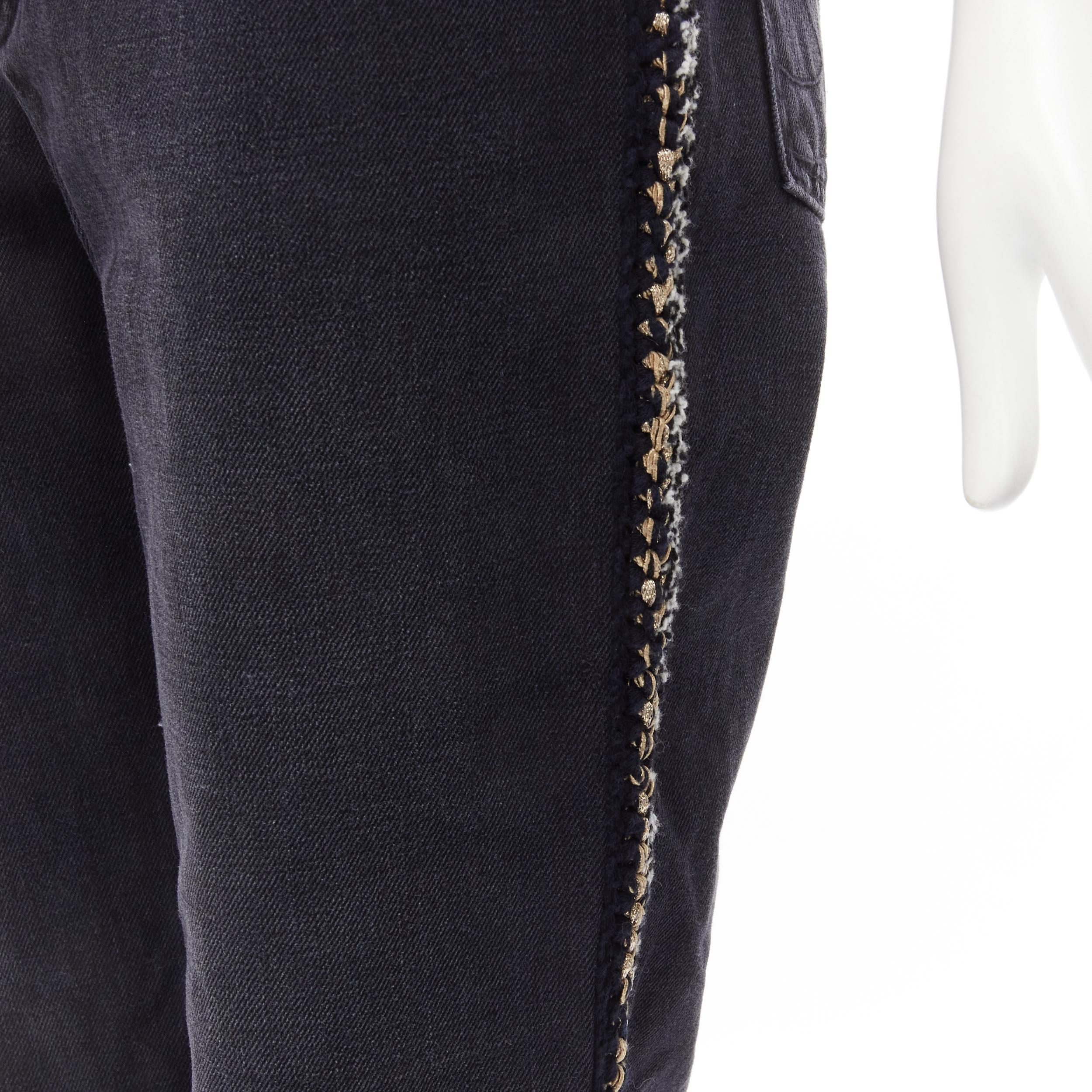 CHANEL washed black denim braided tweed trim CC pocket cropped jeans FR38 M For Sale 3