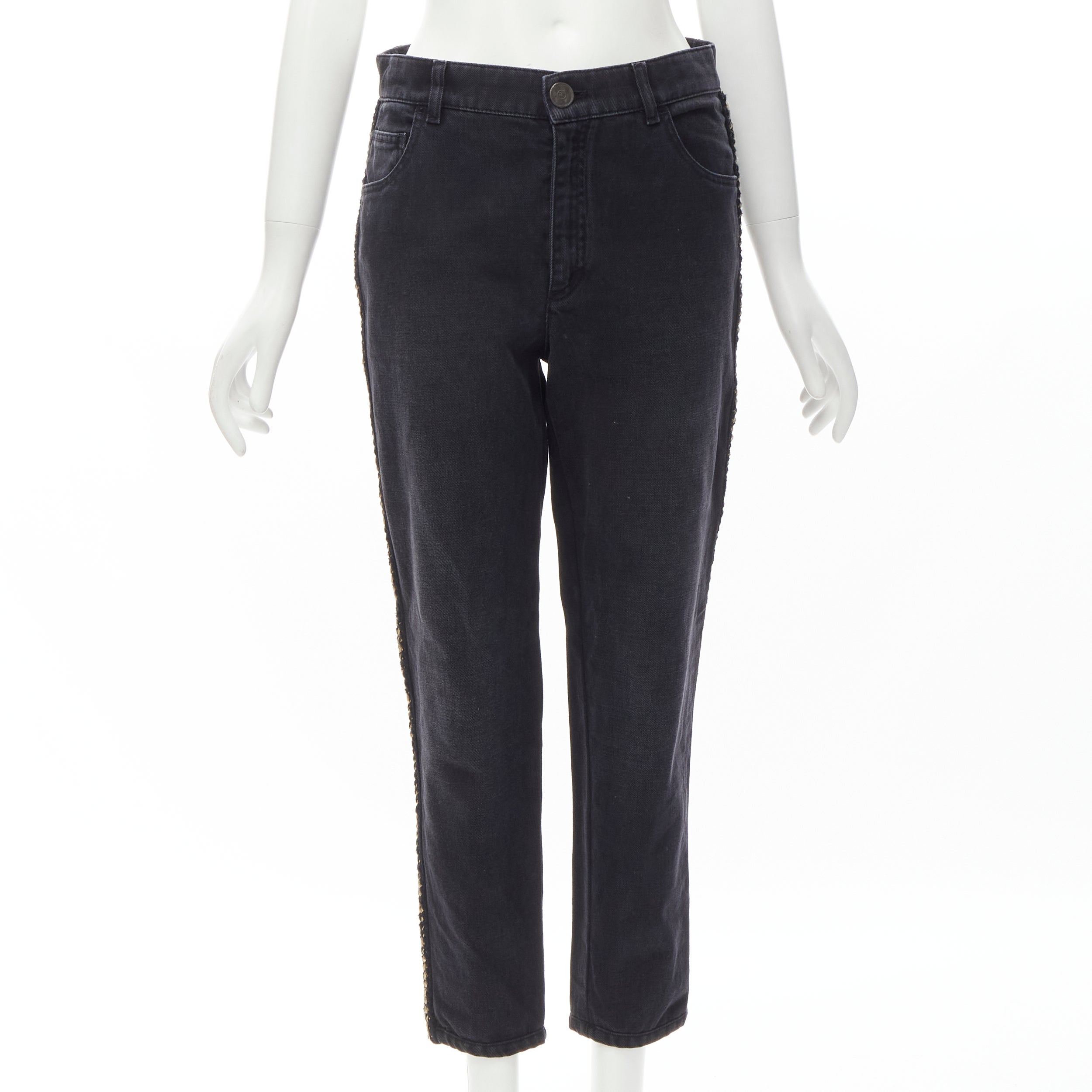 CHANEL washed black denim braided tweed trim CC pocket cropped jeans FR38 M For Sale