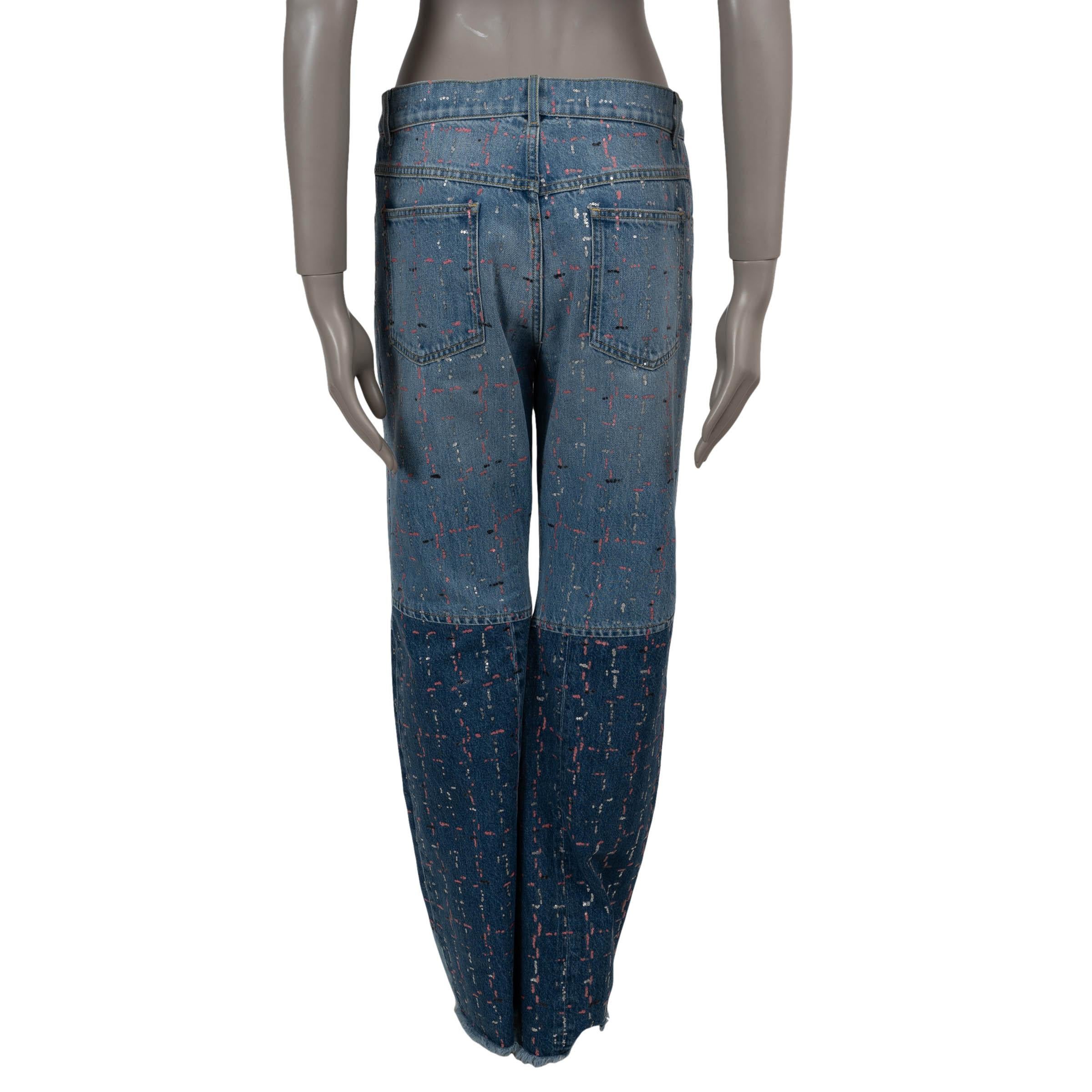 Black CHANEL washed blue cotton 23A DAKAR SEQUIN WIDE JEANS Pants 40 M For Sale