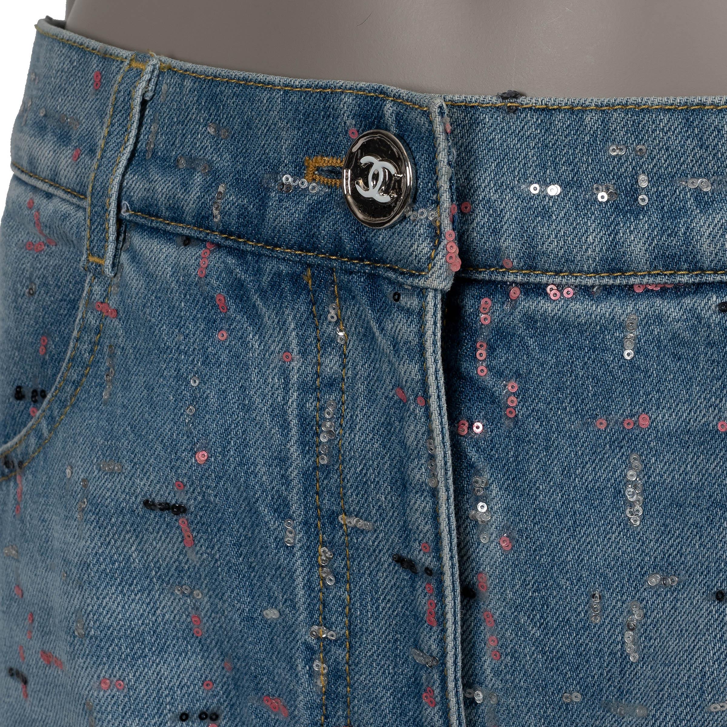 Women's CHANEL washed blue cotton 23A DAKAR SEQUIN WIDE JEANS Pants 40 M For Sale