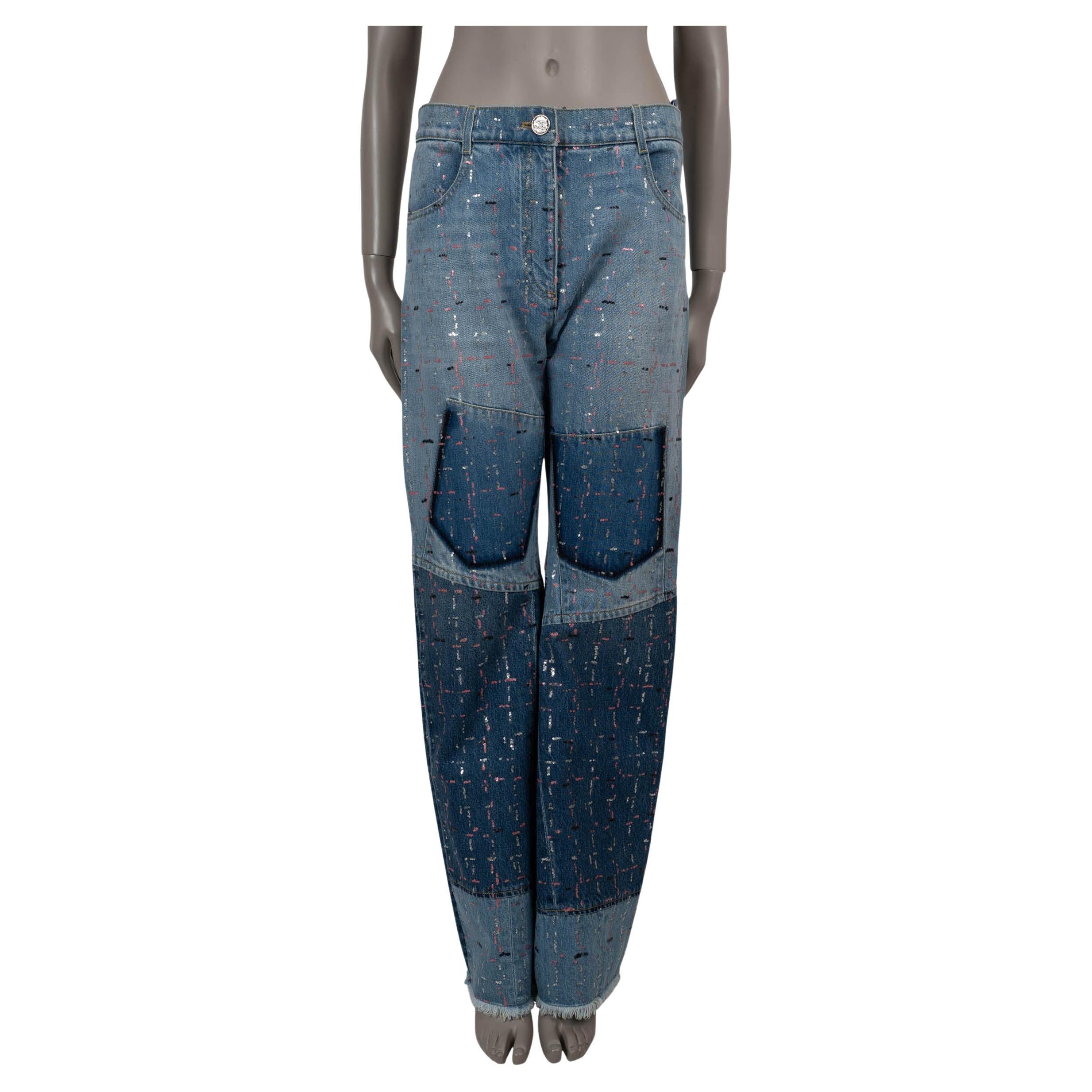 CHANEL washed blue cotton 23A DAKAR SEQUIN WIDE JEANS Pants 40 M For Sale