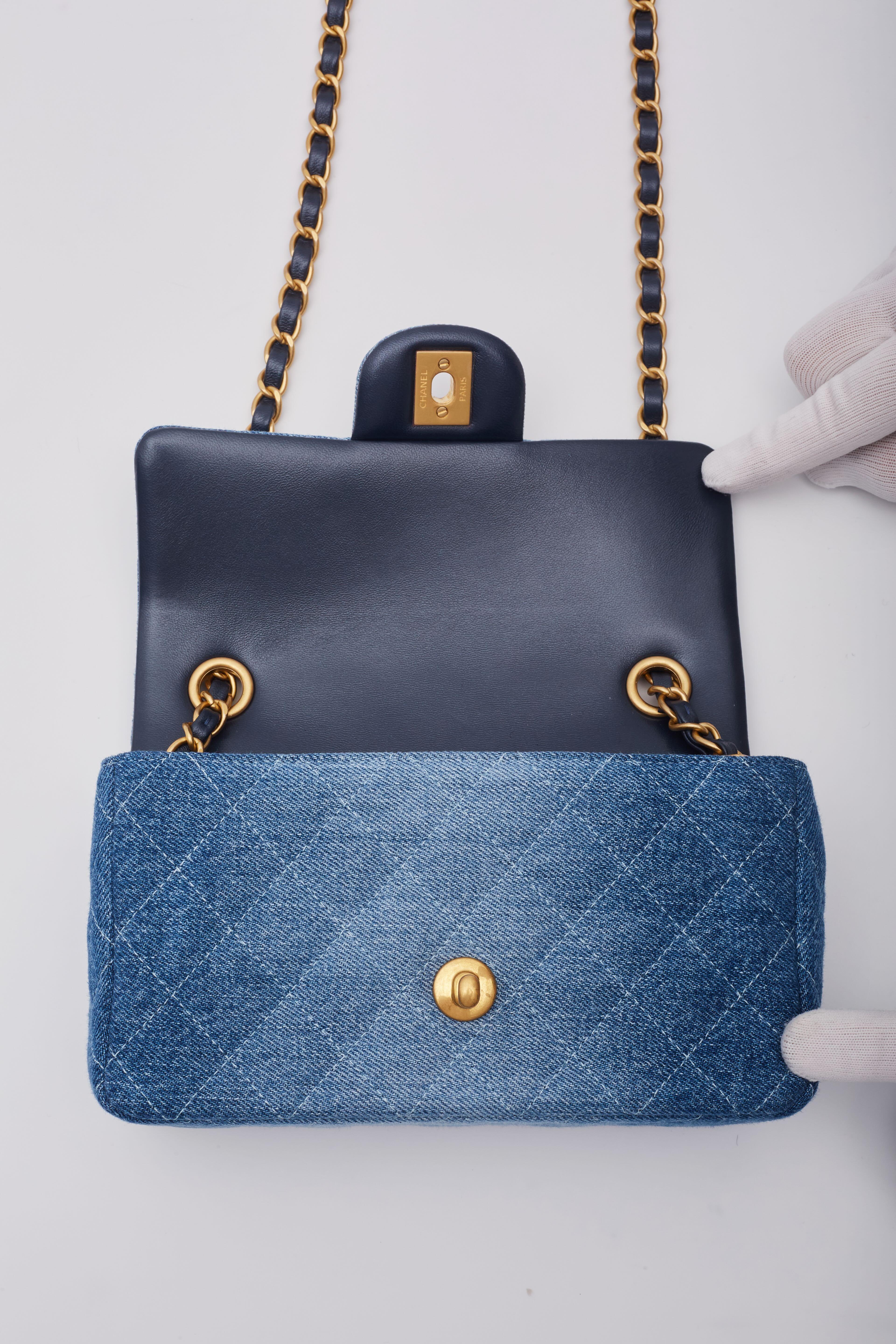 Chanel Washed Blue Denim Quilted Rectangular Mini Flap Bag For Sale 4