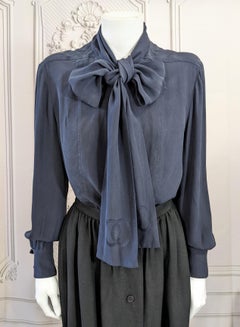 Chanel Washed Silk Pussy Bow Logo Blouse