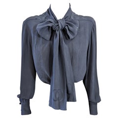 Chanel Washed Silk Pussy Bow Logo Blouse
