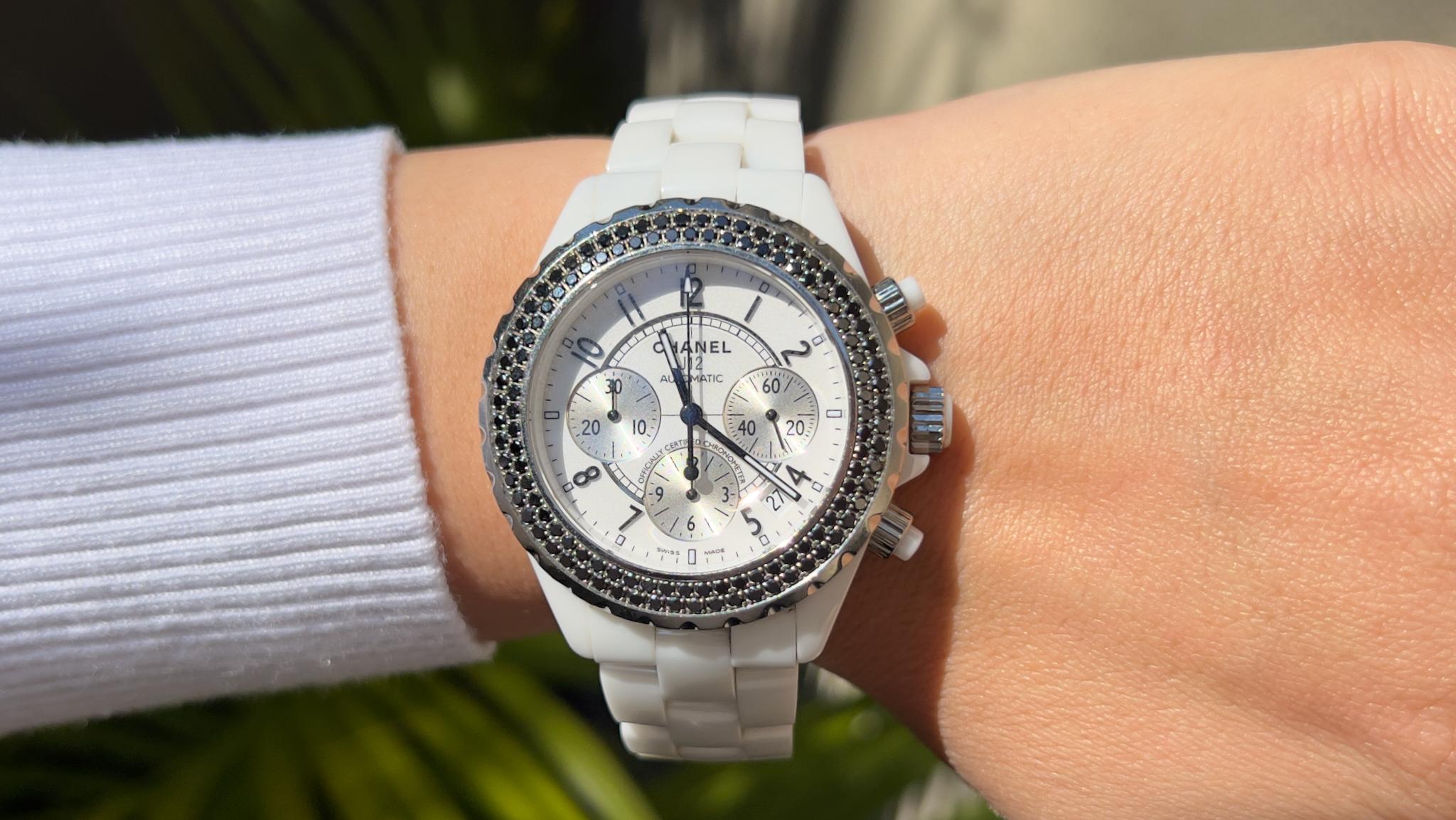 Chanel Watch J12 Chronograph White Ceramic Black Diamonds 2