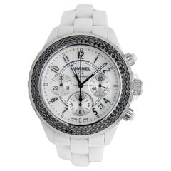 Chanel Watch J12 Chronograph White Ceramic Black Diamonds