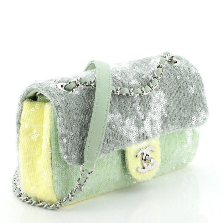 CHANEL Sequin Large Waterfall Flap Green Light Green Yellow