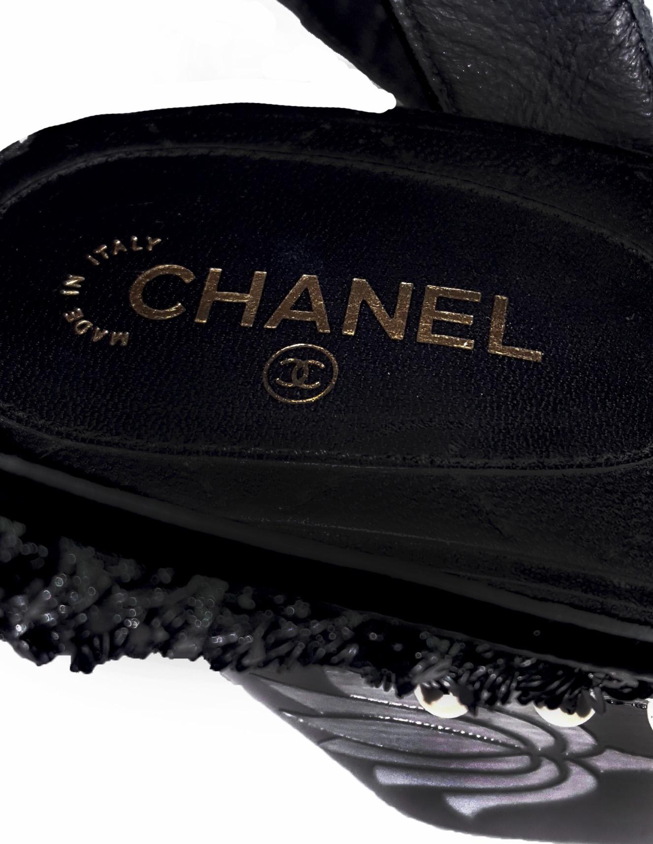 Women's Chanel Wedge Black Sandals W/ Faux Mother of Pearl Flower & Sequin Straps For Sale